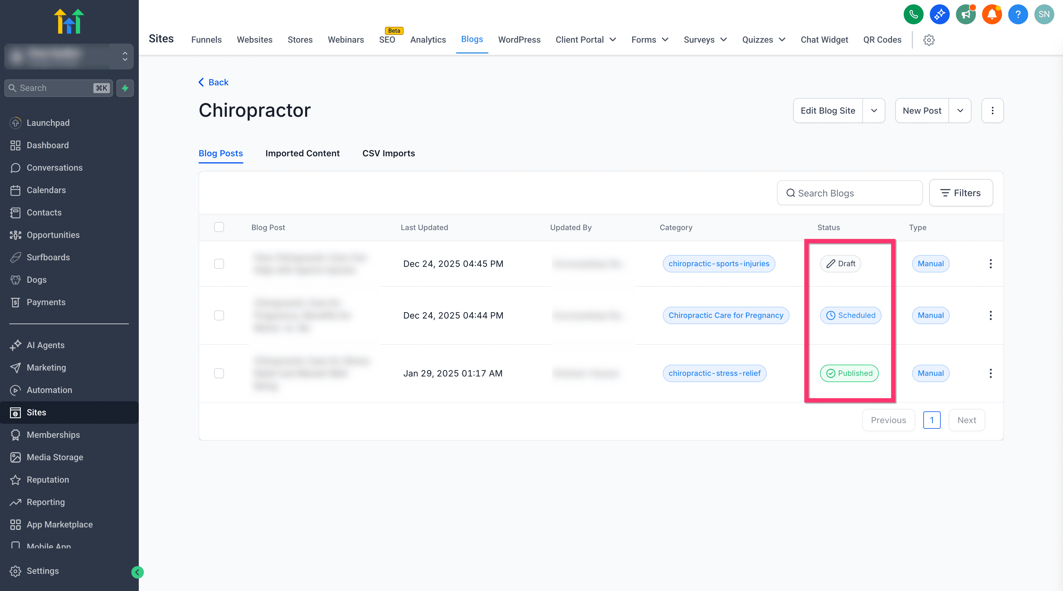 Schermata 3 — Stato del Blog e dei Post del Blog