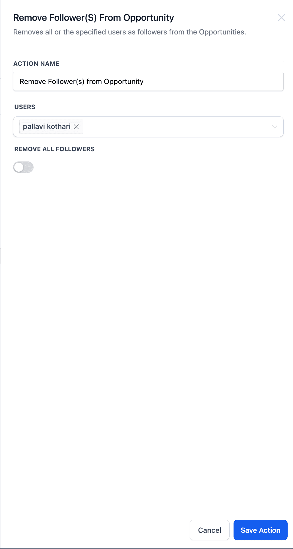 Schermata 1 — Workflow Action - Rimuovi Follower da un'Opportunità