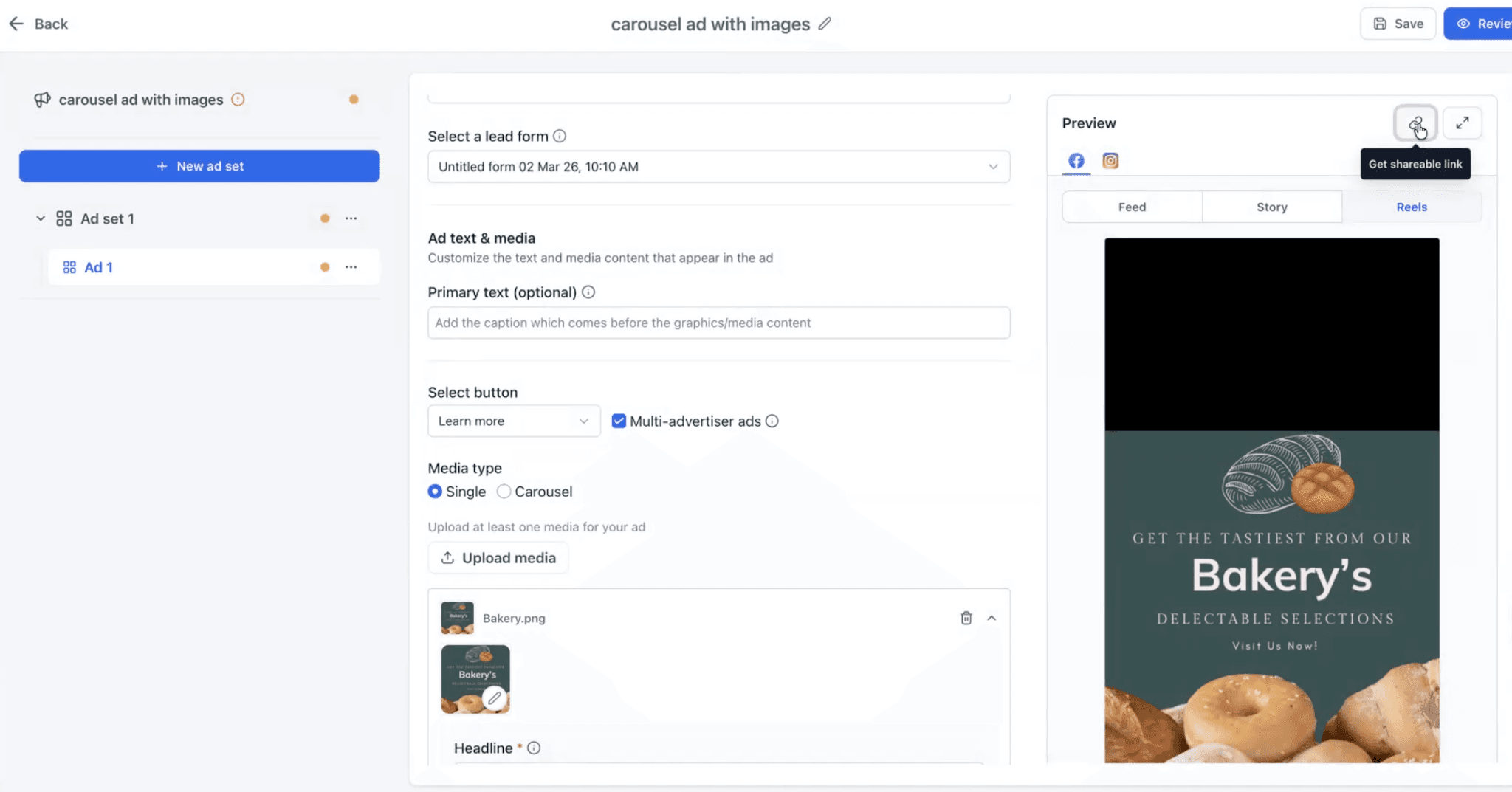 Schermata 4 — Come visualizzare l'anteprima avanzata e ottenere link di anteprima condivisibili per le Meta Ads