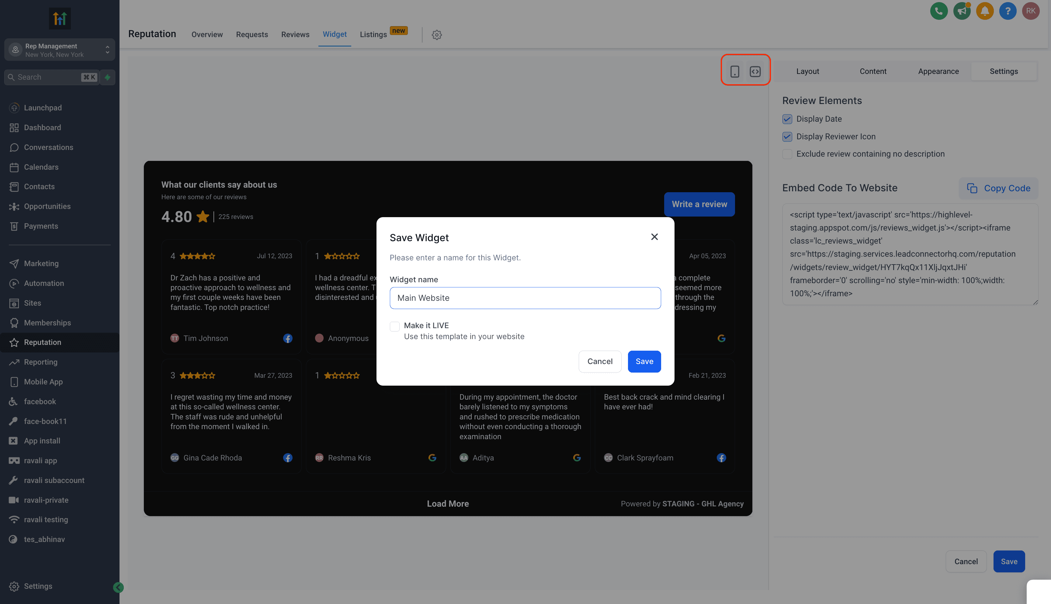 Schermata 8 — Personalizzare i Widget Recensioni nella Reputazione