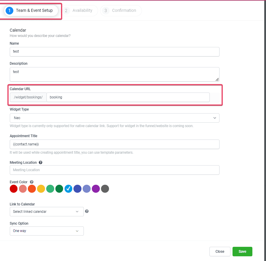 Schermata 3 — URL Personalizzato per i Calendari Non Assegnati