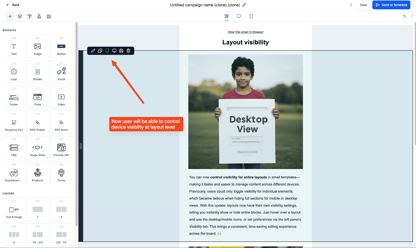 Schermata 1 — Sezione Visibilità per Layout nell'Email Builder