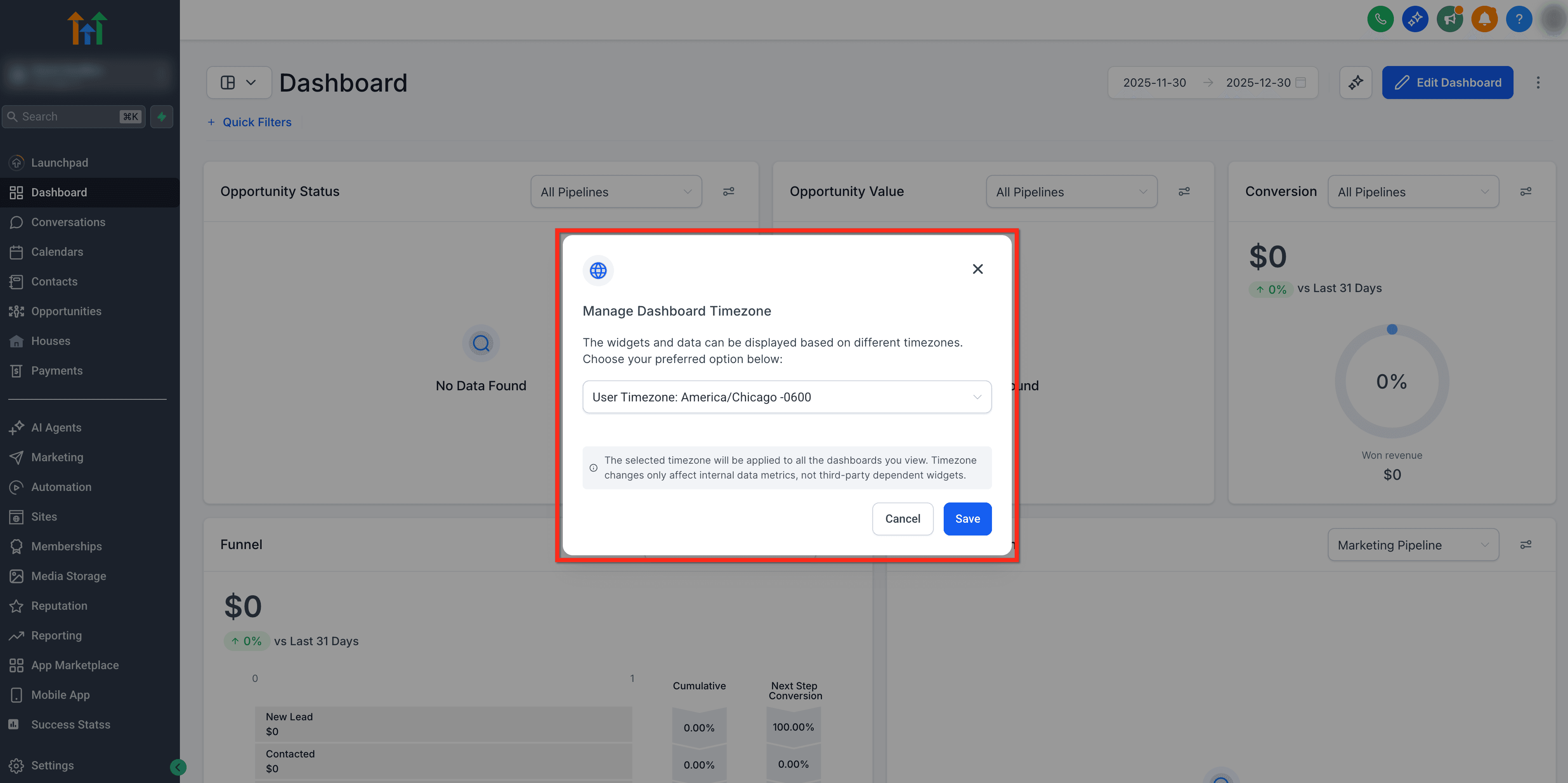 Schermata 3 — Come cambiare il fuso orario per una Dashboard (Utente connesso)