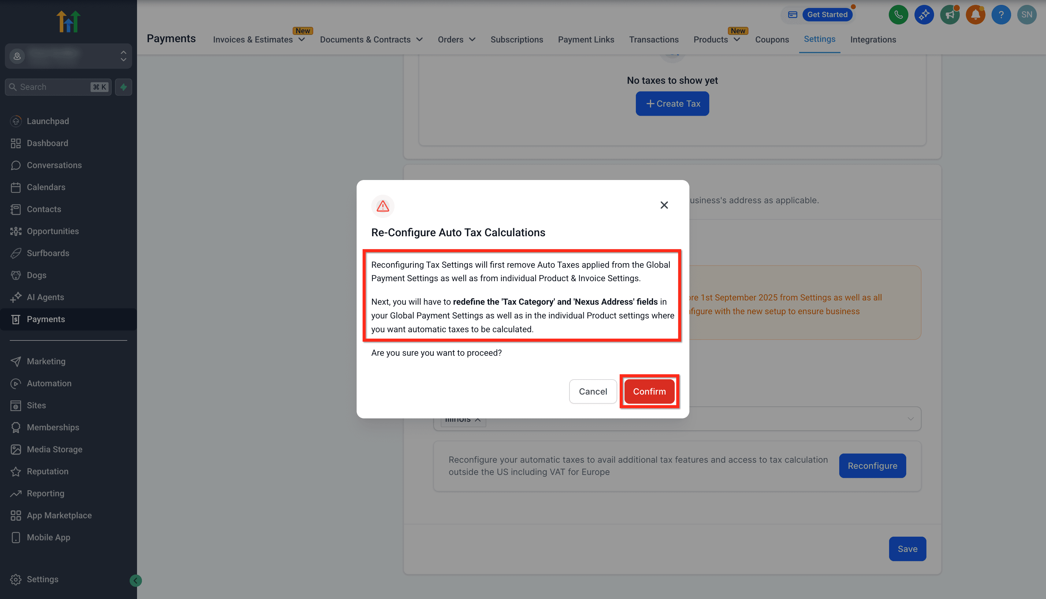 Schermata 12 — Come configurare e usare le Tasse Automatiche Internazionali