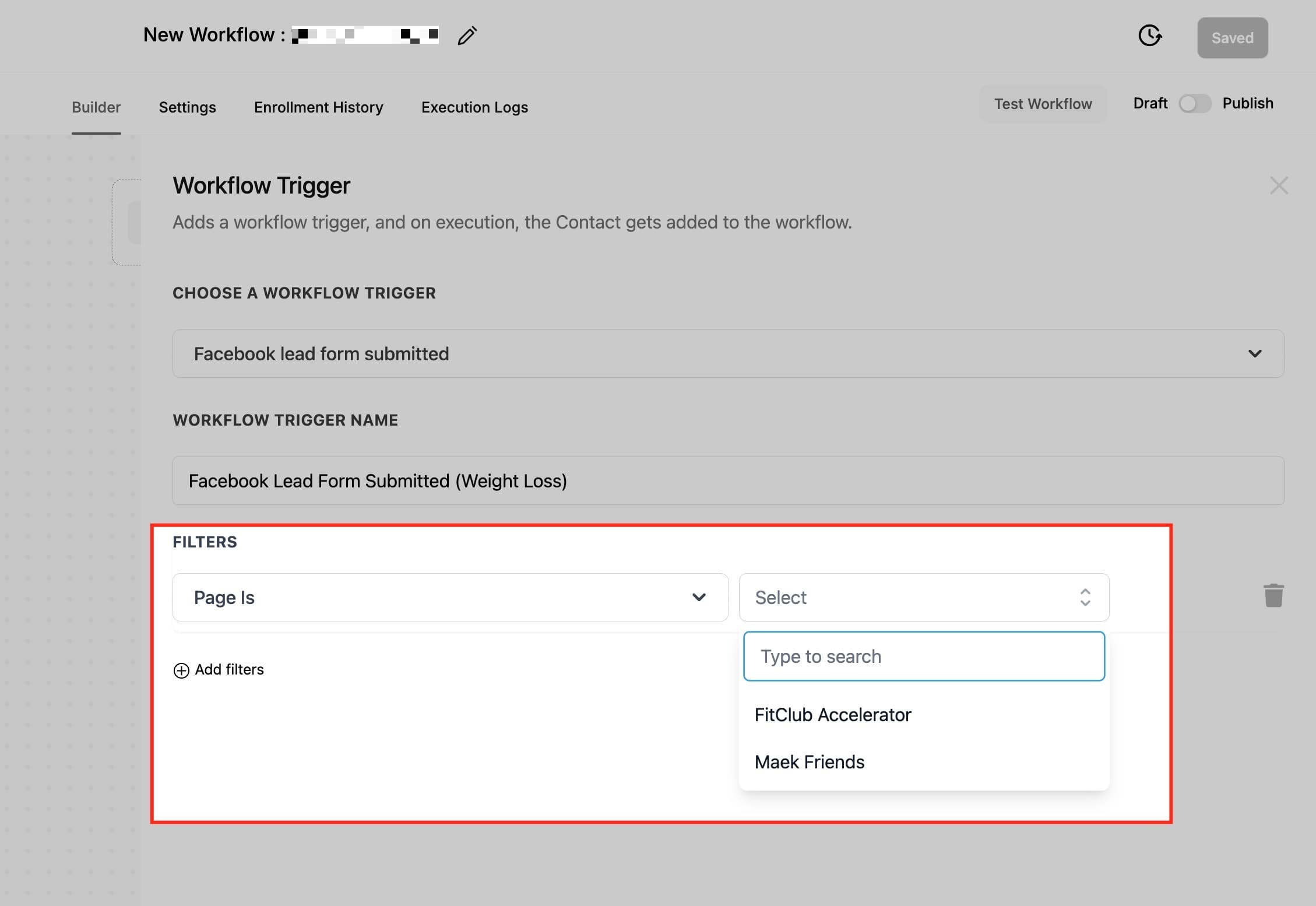 Schermata 4 — Workflow Trigger - Facebook Lead Form Submitted