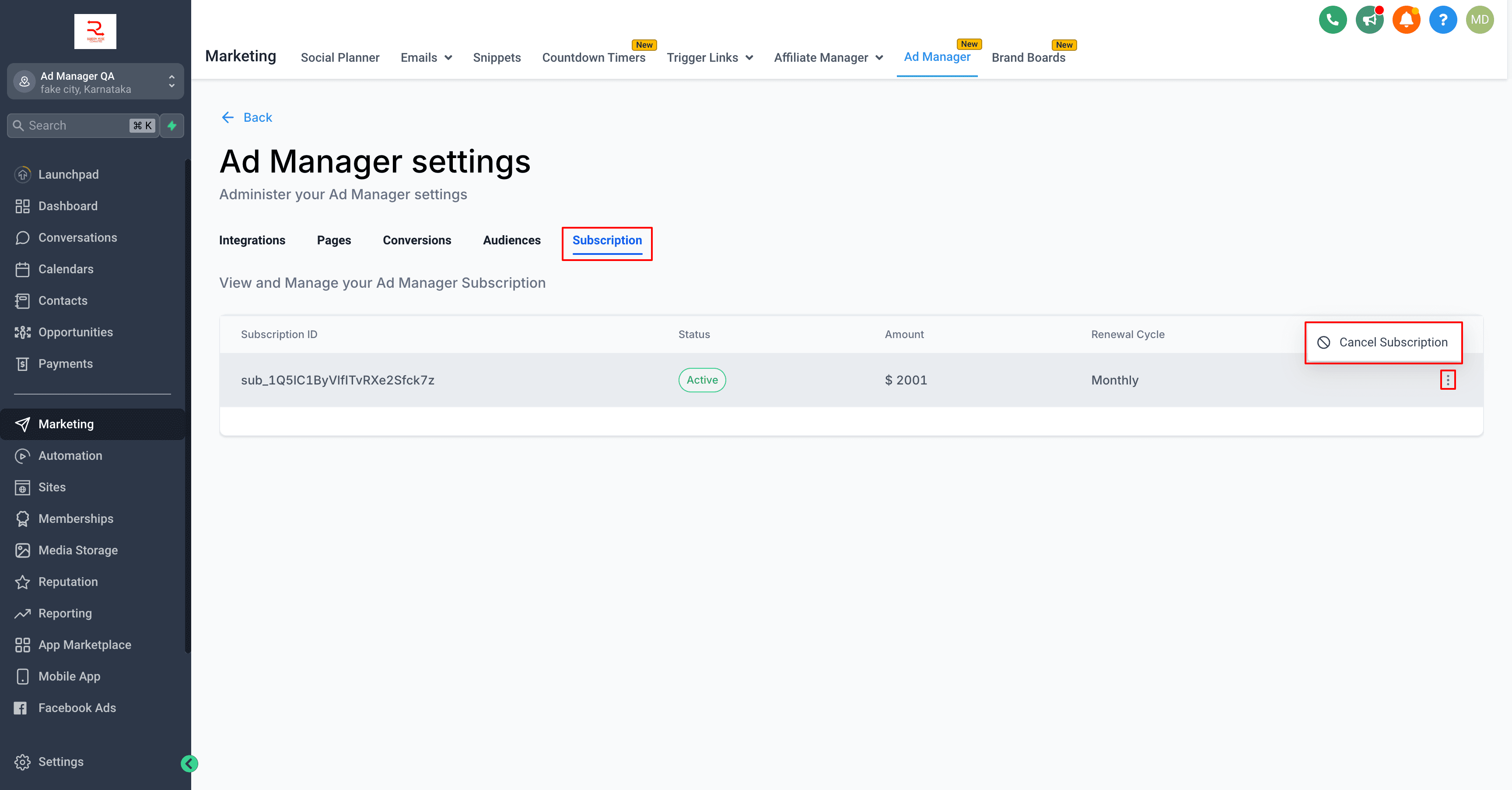 Schermata 3 — Come annullare l'abbonamento ad Ad Manager per un sub-account?