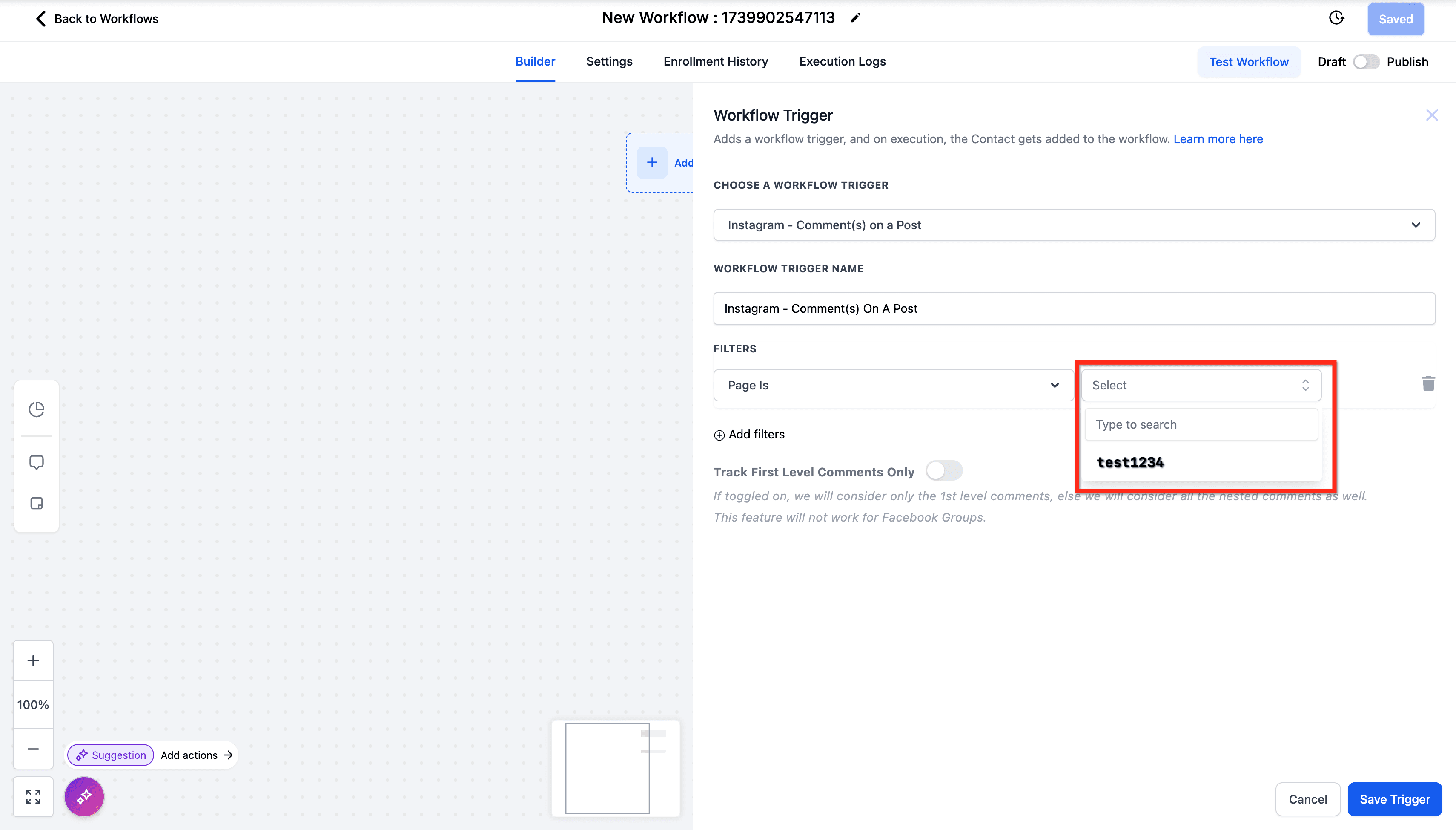 Schermata 5 — Workflow Trigger - Commenti Instagram su un Post