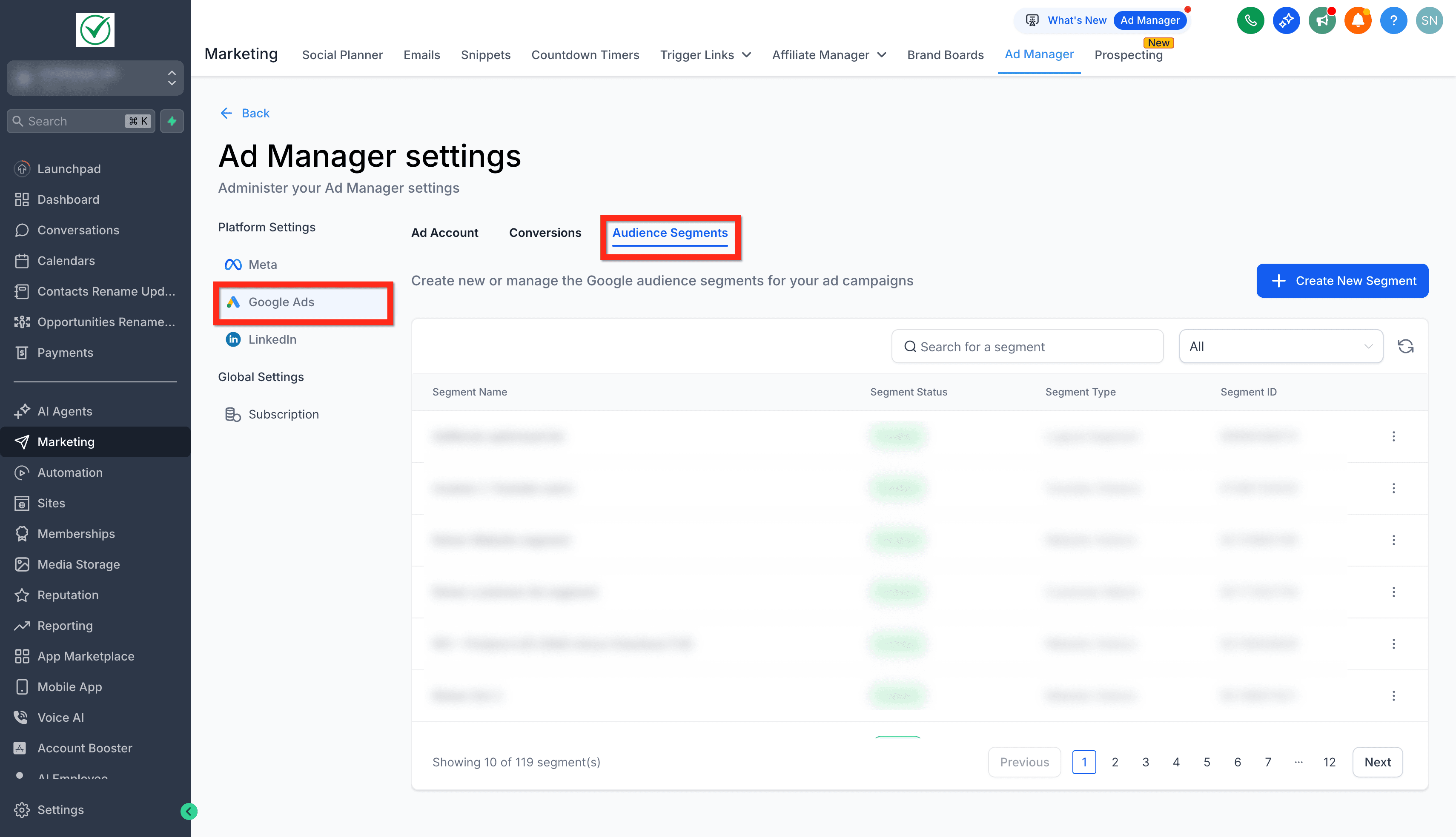 Schermata 3 — Ads Manager - Audience Segments per Google Ads