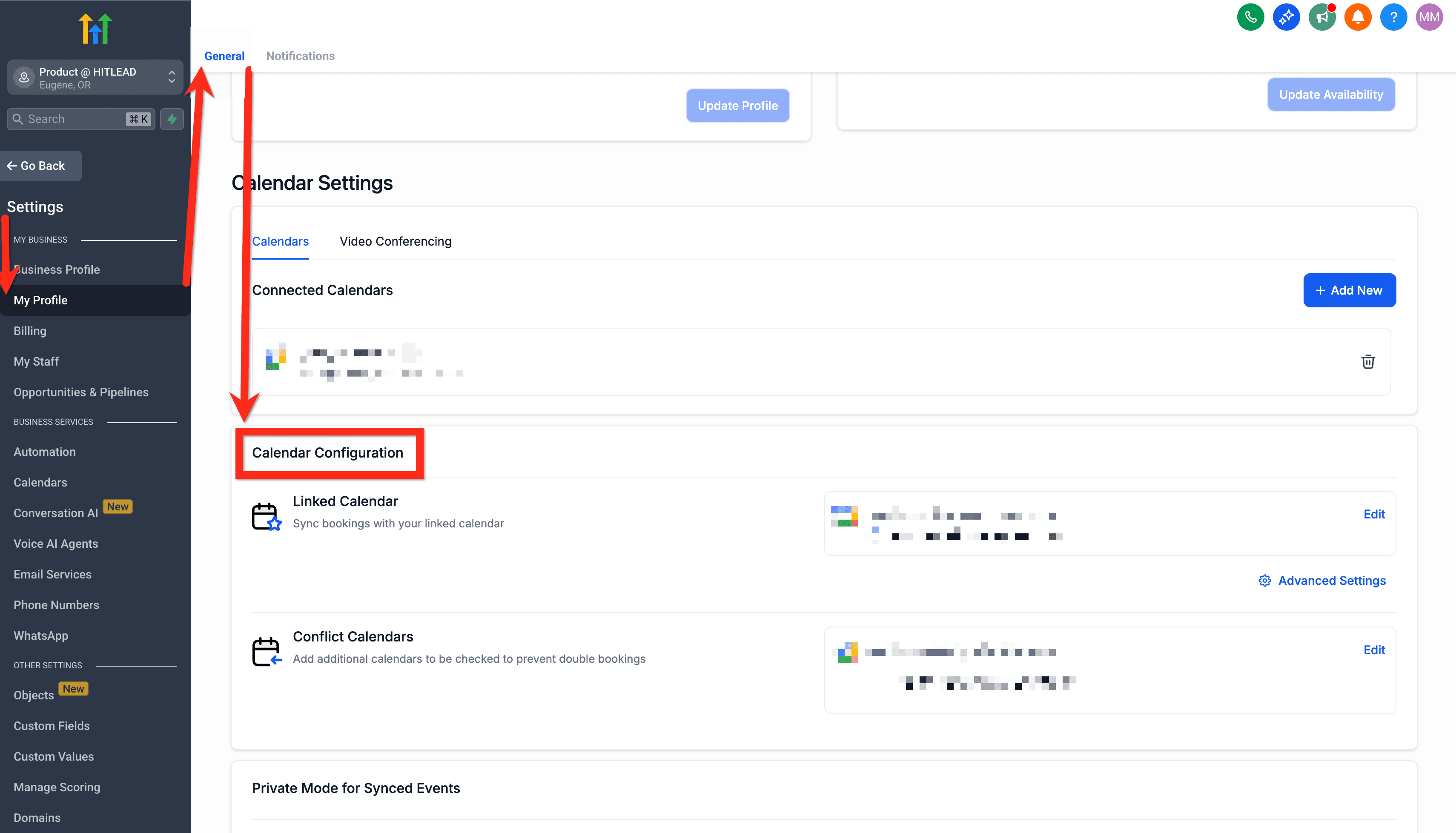 Percorso Calendari > connections > calendar configuration