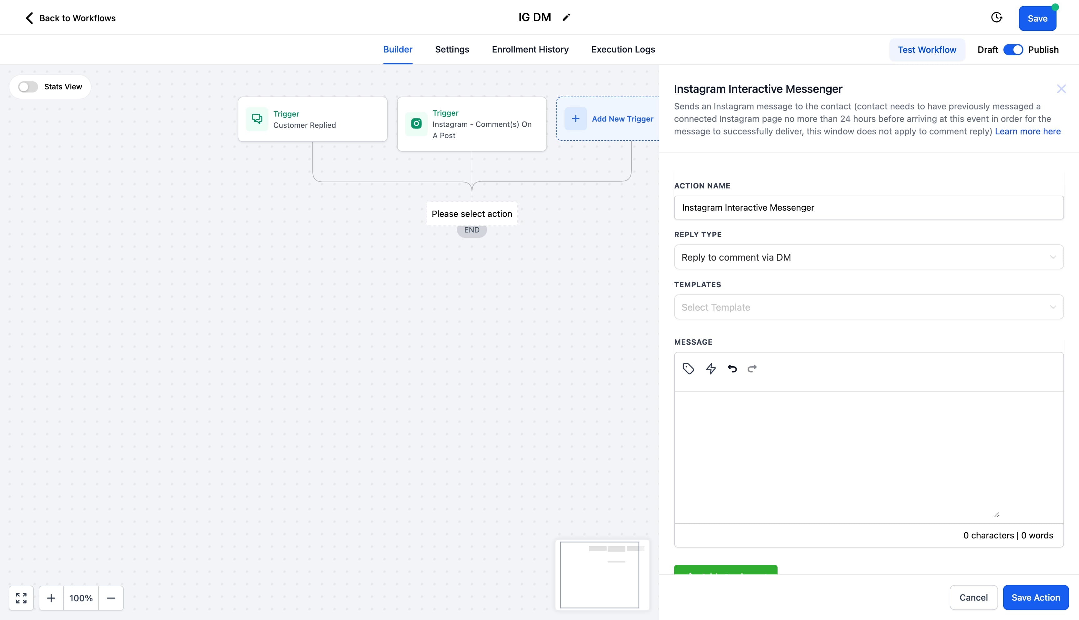 Schermata 2 — Instagram DM - Azione Workflow