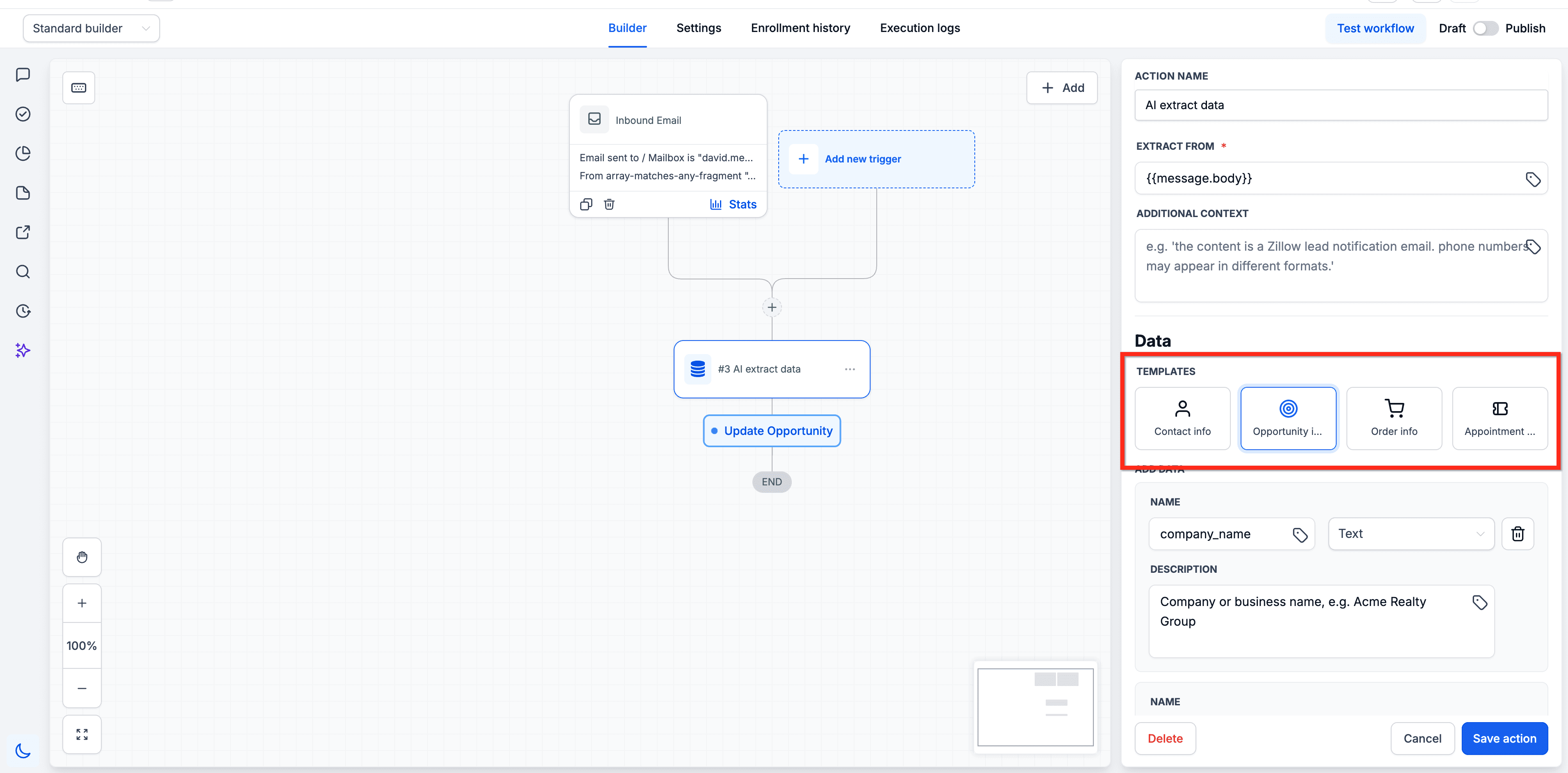 Schermata 1 — Workflow Action - Estrazione Dati con AI