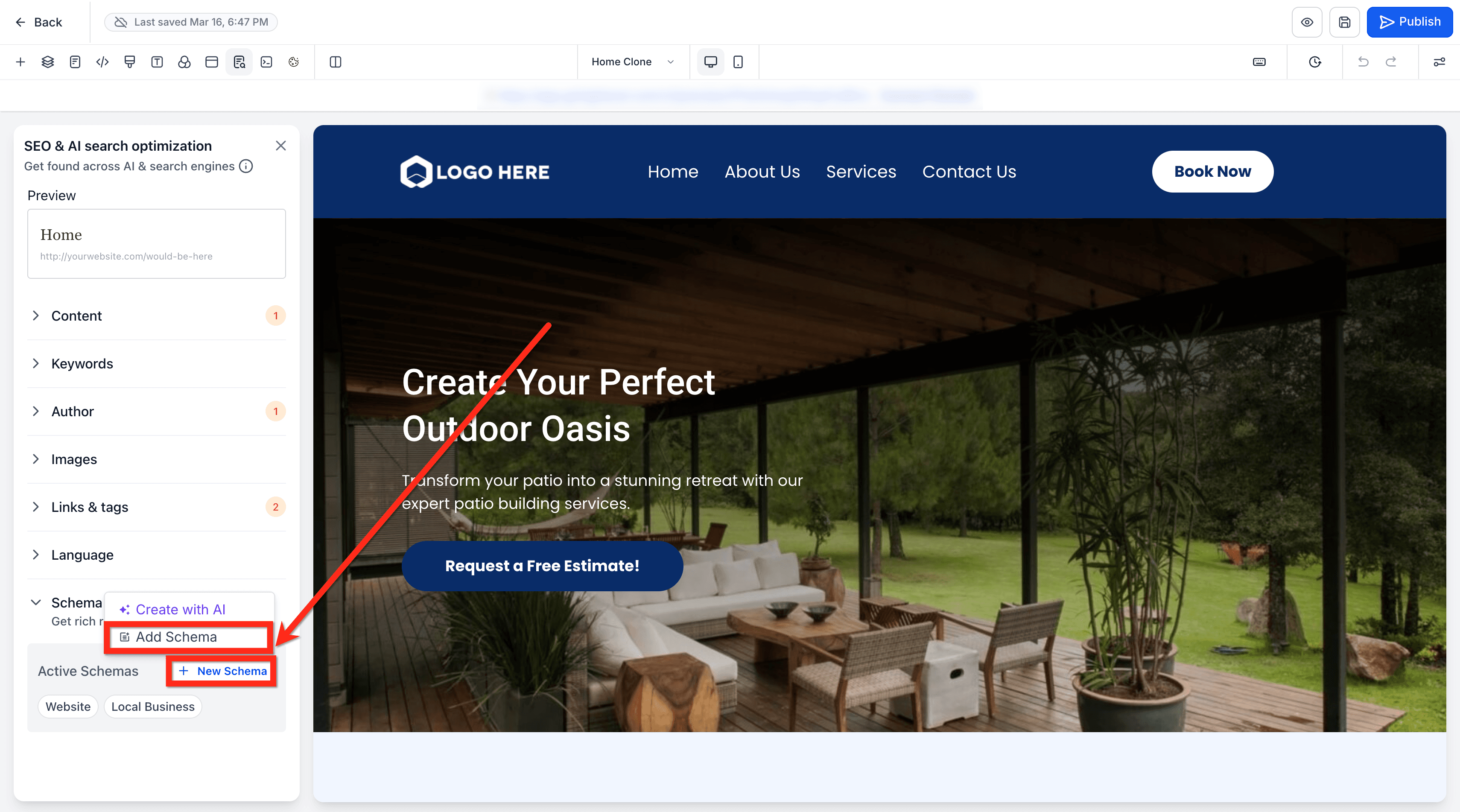 Schermata 5 — Come aggiungere manualmente Schema Markup in Funnel e Siti Web