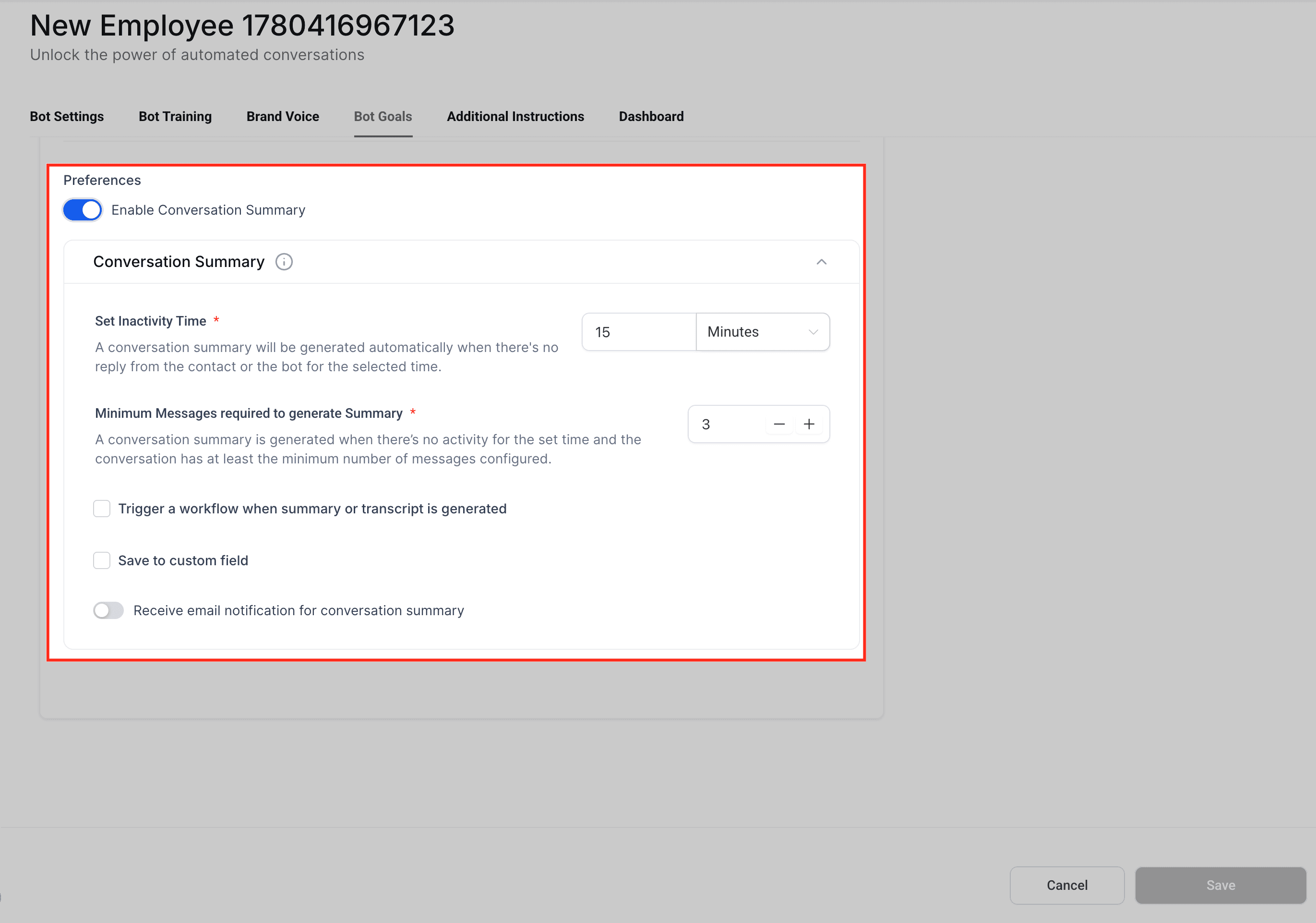 Schermata 11 — Come configurare i Bot Goals in Conversation AI