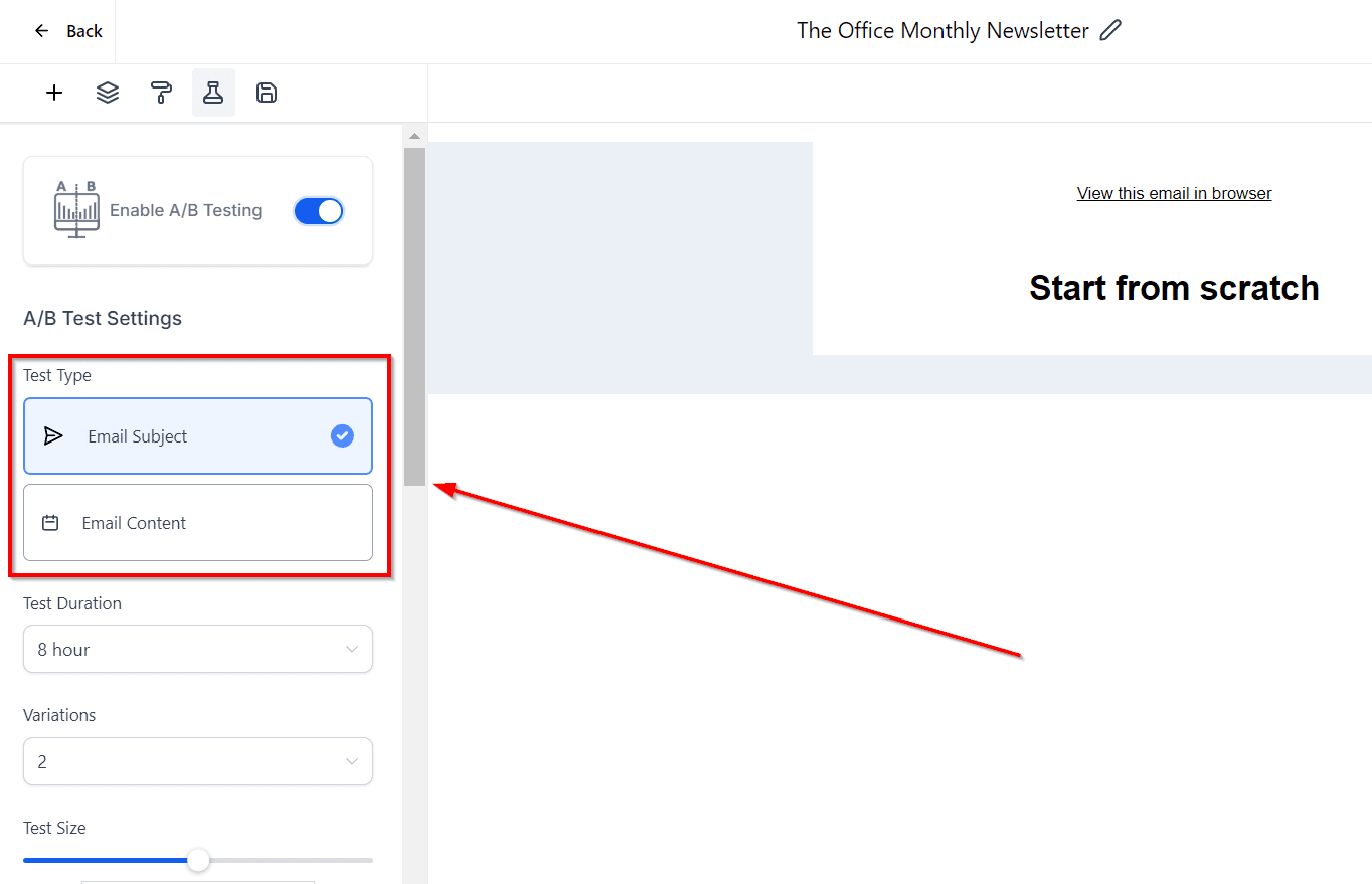 Schermata 2 — Come configurare l'A/B testing per le tue Campaign email