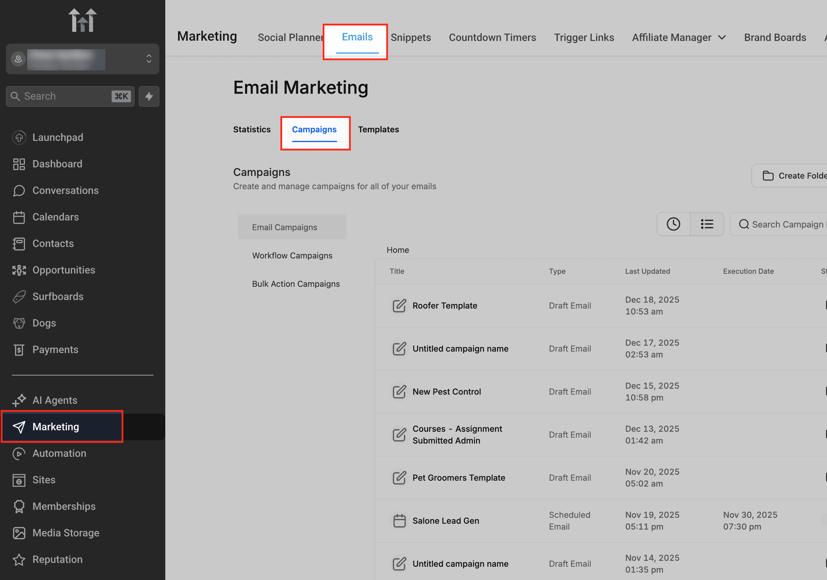 Navigating to Marketing, Emails, Campaigns