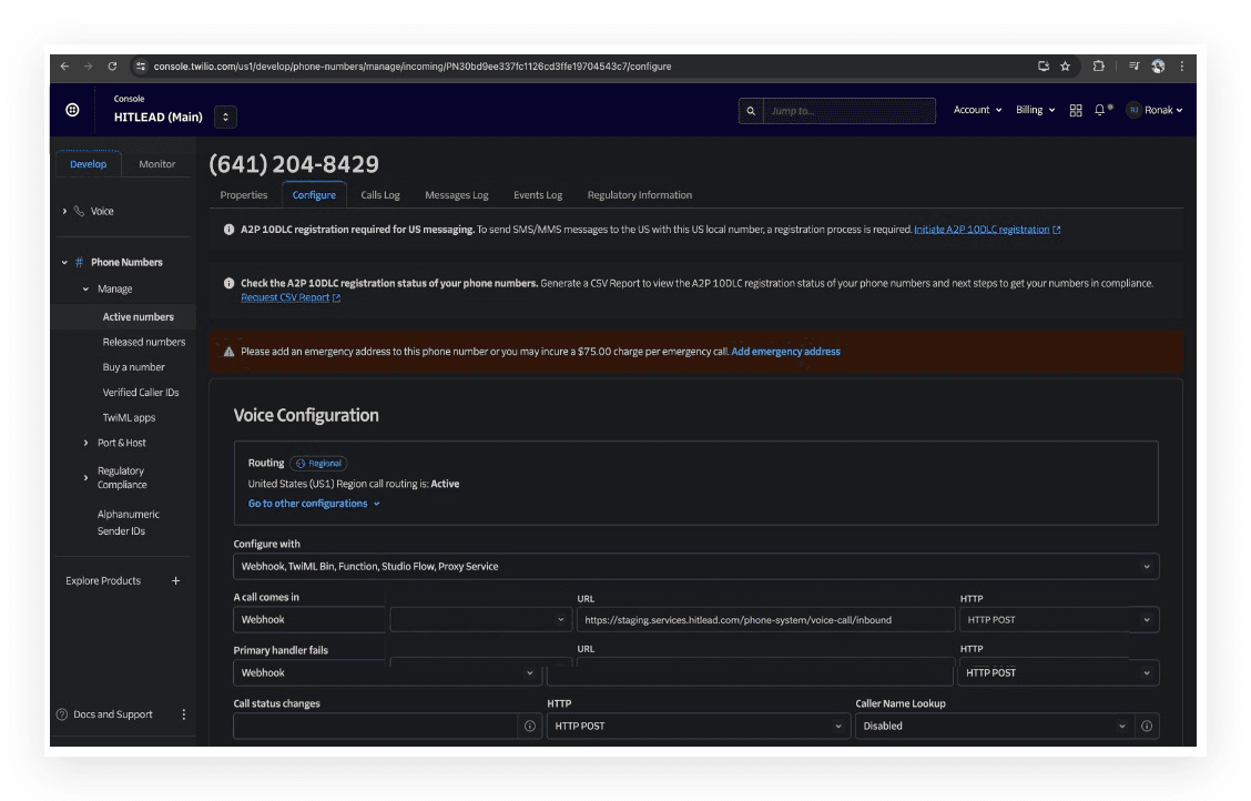 Schermata 2 — Configurare i webhook per ricevere chiamate in entrata, messaggi e aggiornamenti di stato delle chiamate (per utenti Twilio)