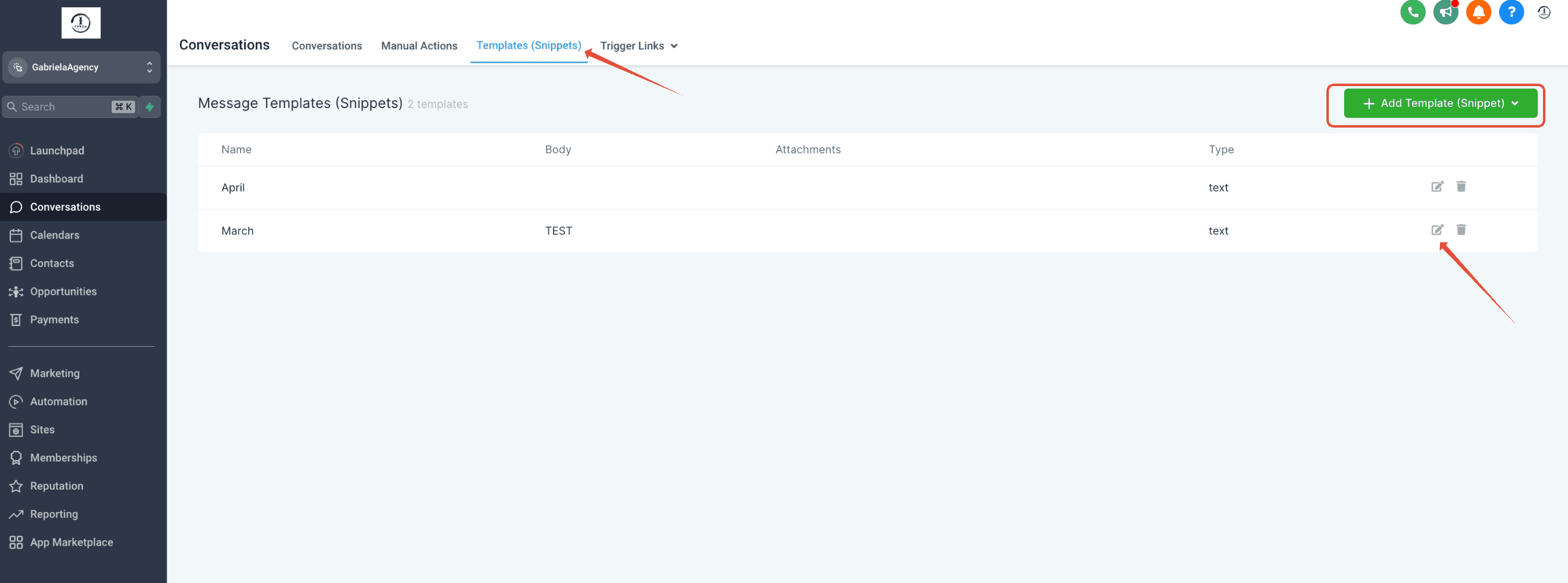 Schermata 2 — Template SMS (Snippet) - Panoramica