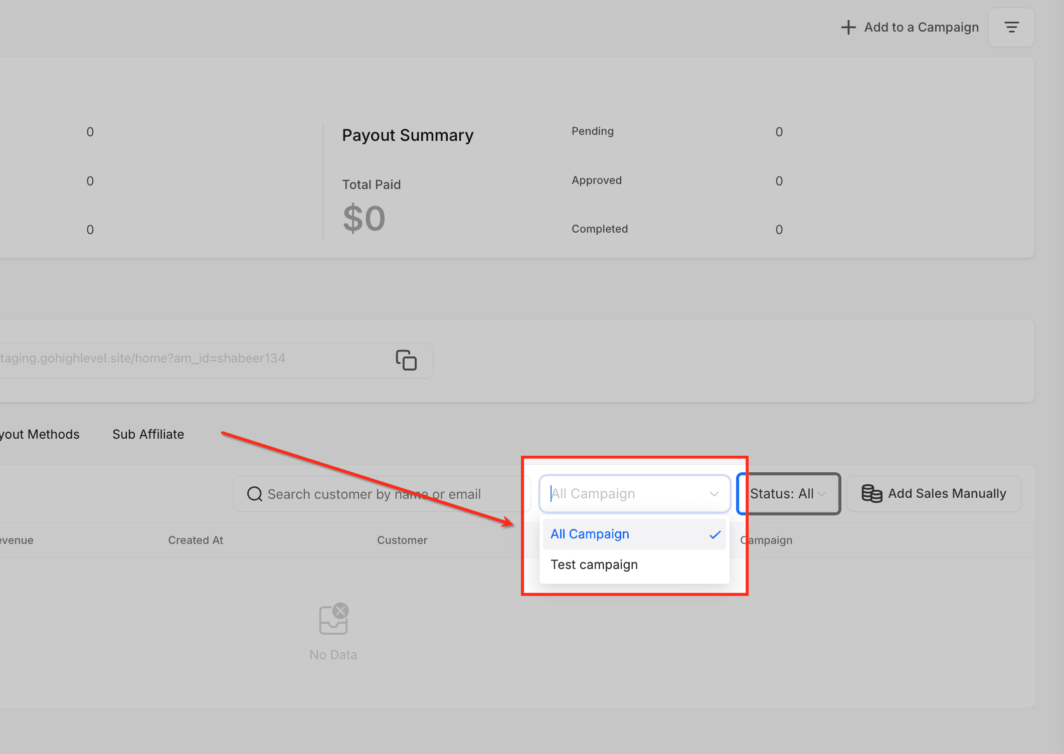 Schermata 7 — Affiliate Manager Sub Account: Azioni Collettive per le Commissioni degli Affiliati