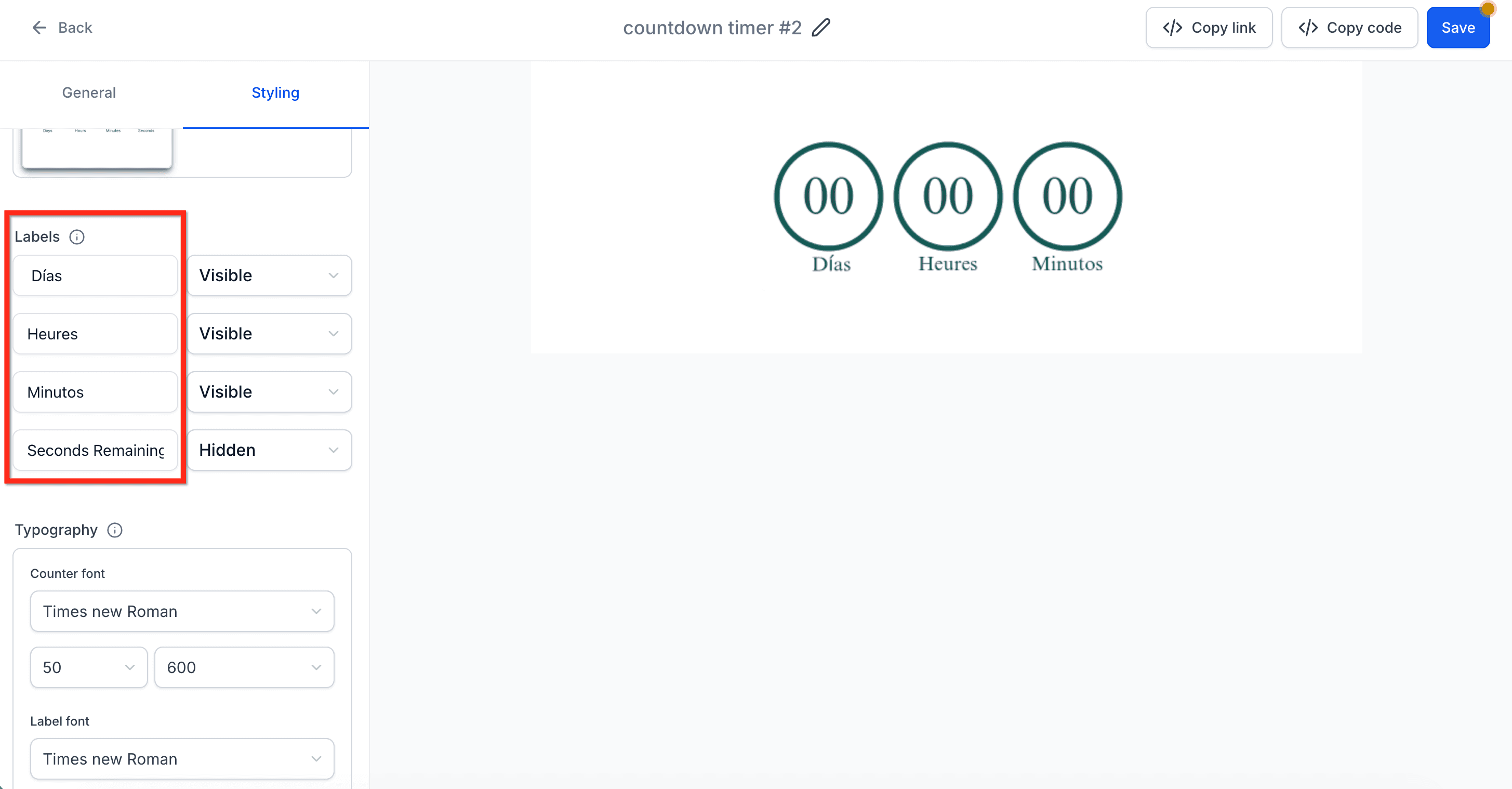 Schermata 6 — Aggiornamento etichette Countdown Timer