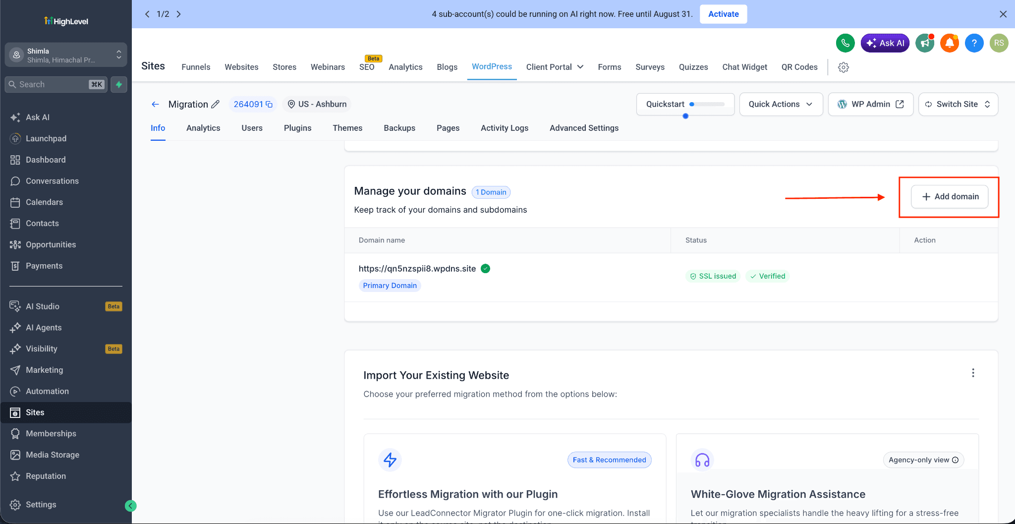 Schermata 1 — WordPress - Aggiungere domini al tuo sito