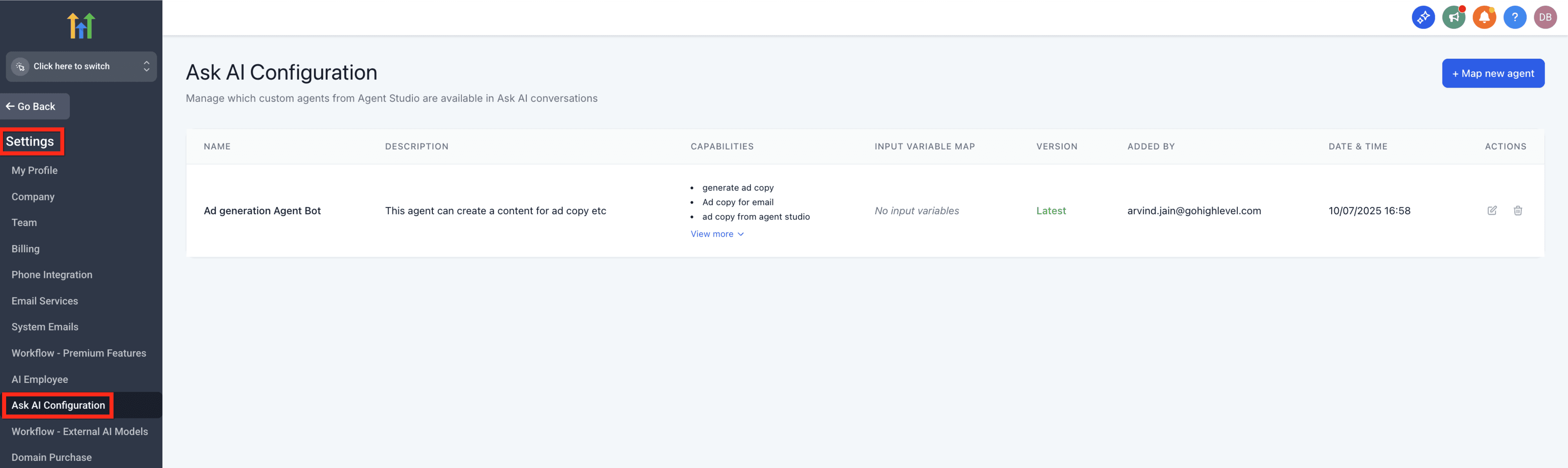 Schermata 2 — Integrazione Ask AI + Agent Studio