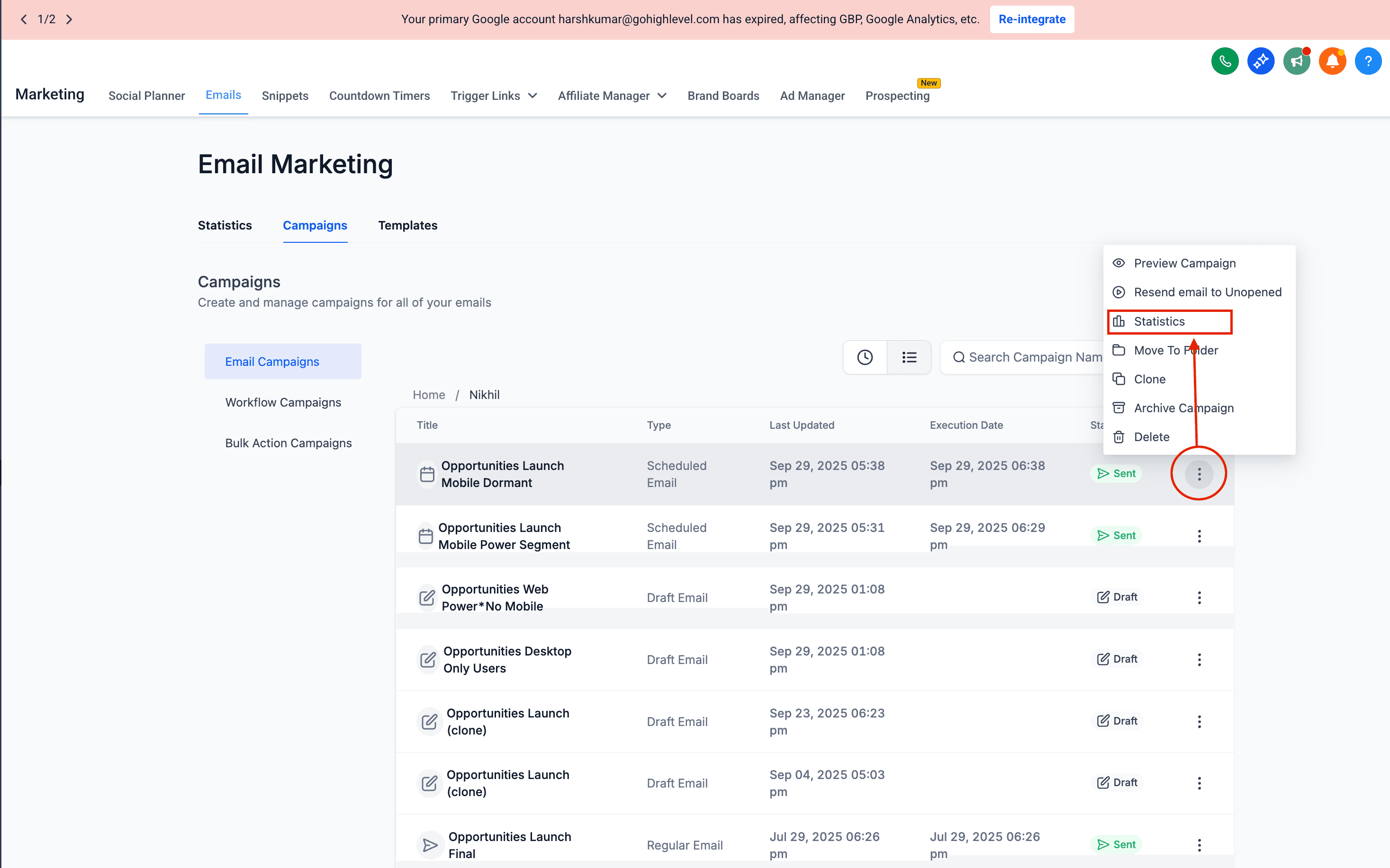 Schermata 3 — Performance dei Click nelle Statistiche Email