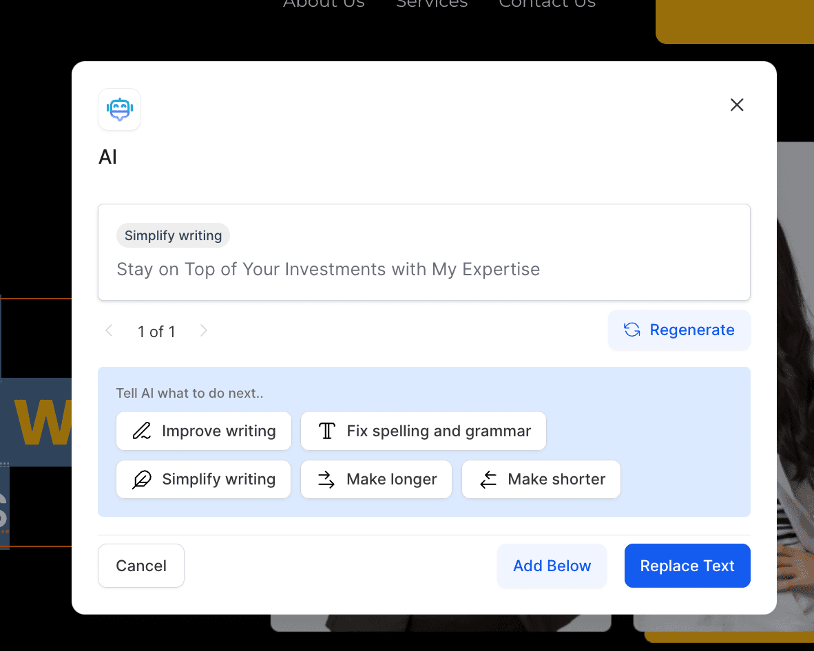 Schermata 6 — Come correggere grammatica e ortografia, allungare i contenuti e migliorare la scrittura in Funnel e Siti Web