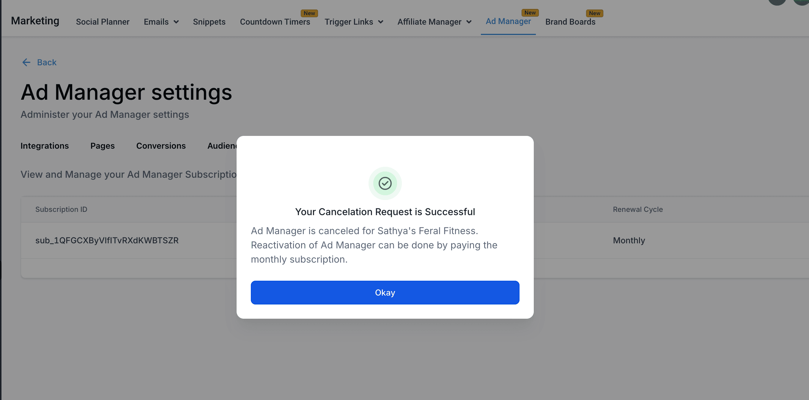 Schermata 7 — Come annullare l'abbonamento ad Ad Manager per un sub-account?