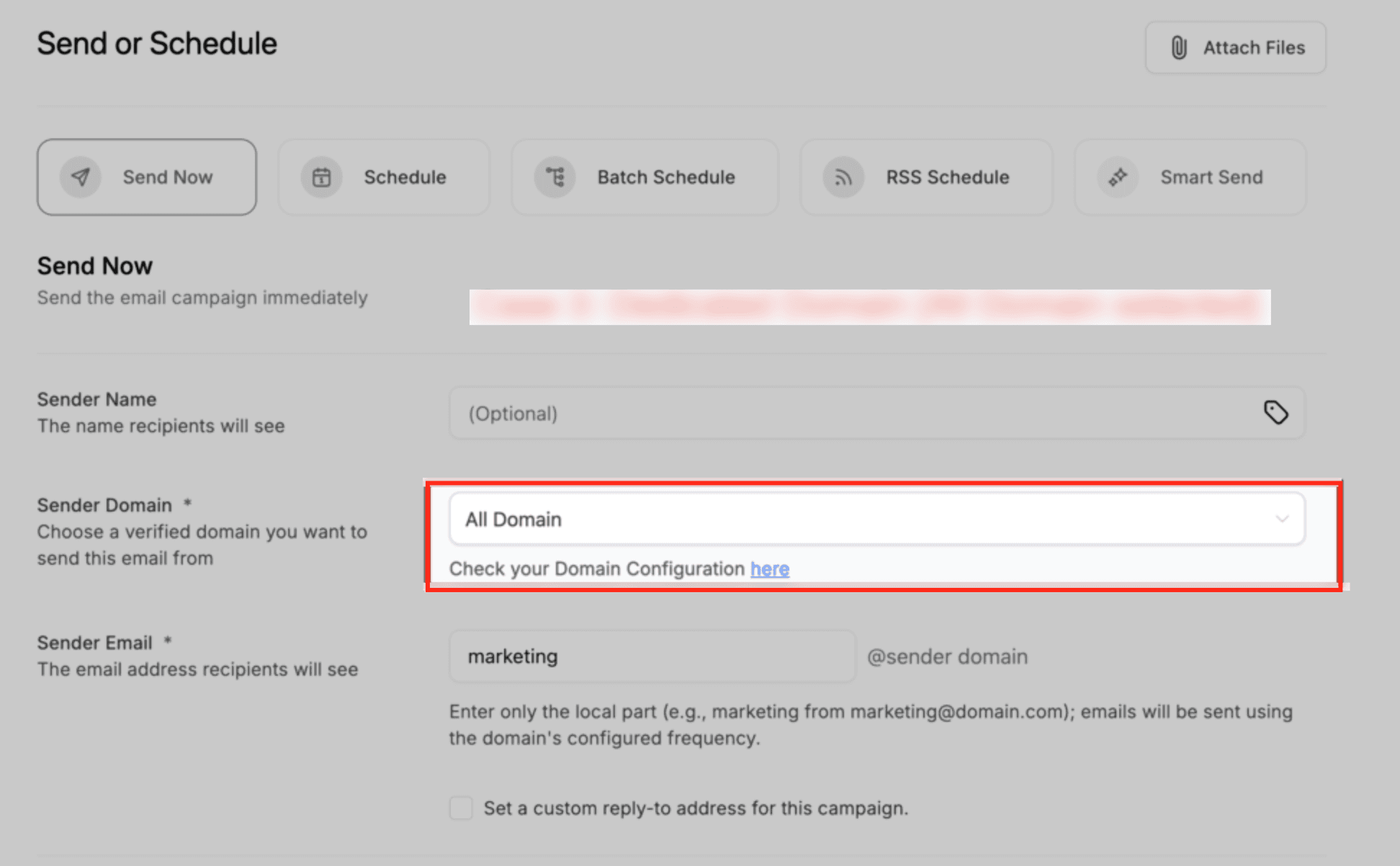 Sender Domain dropdown with available sending options