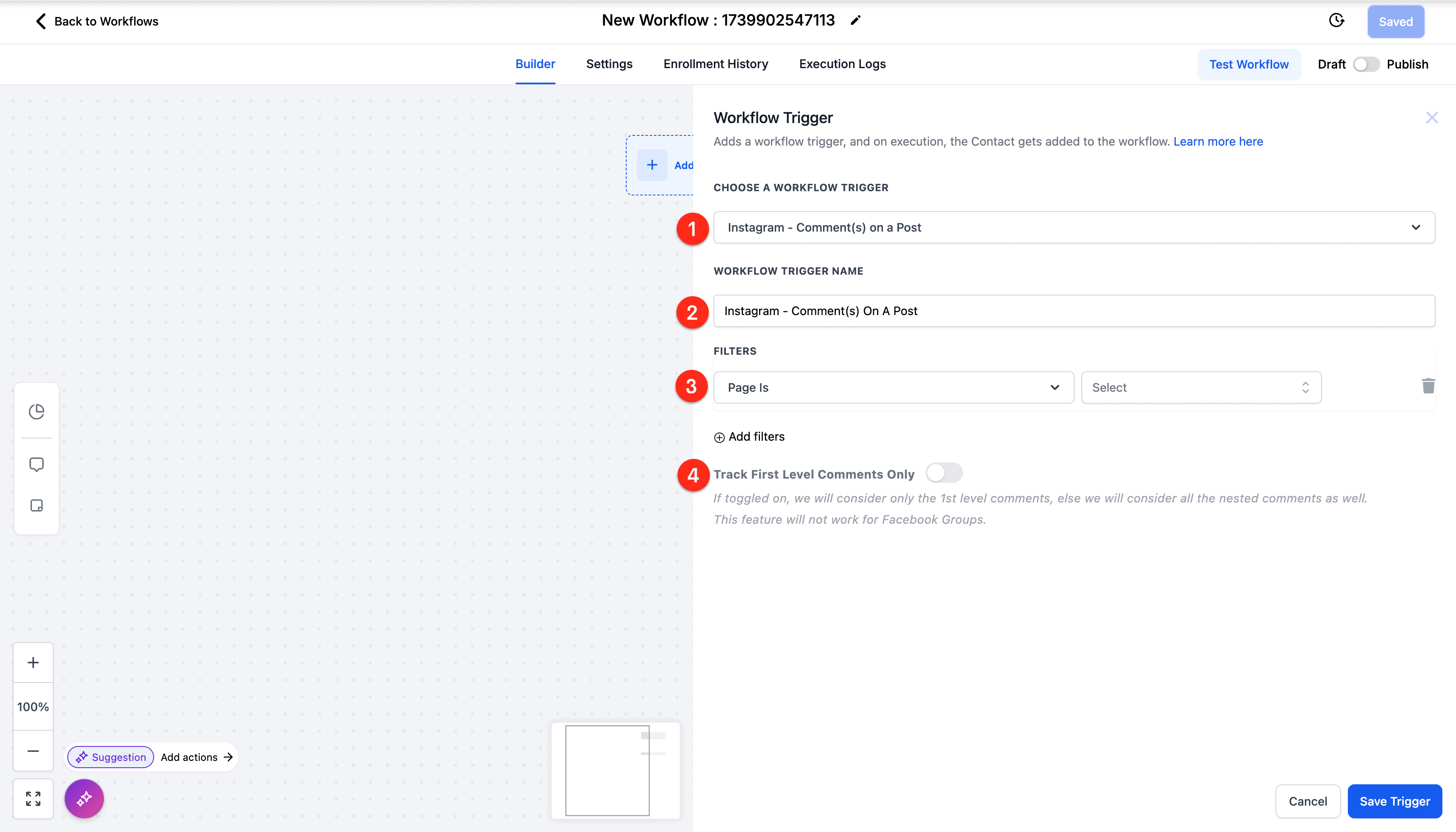 Schermata 3 — Workflow Trigger - Commenti Instagram su un Post