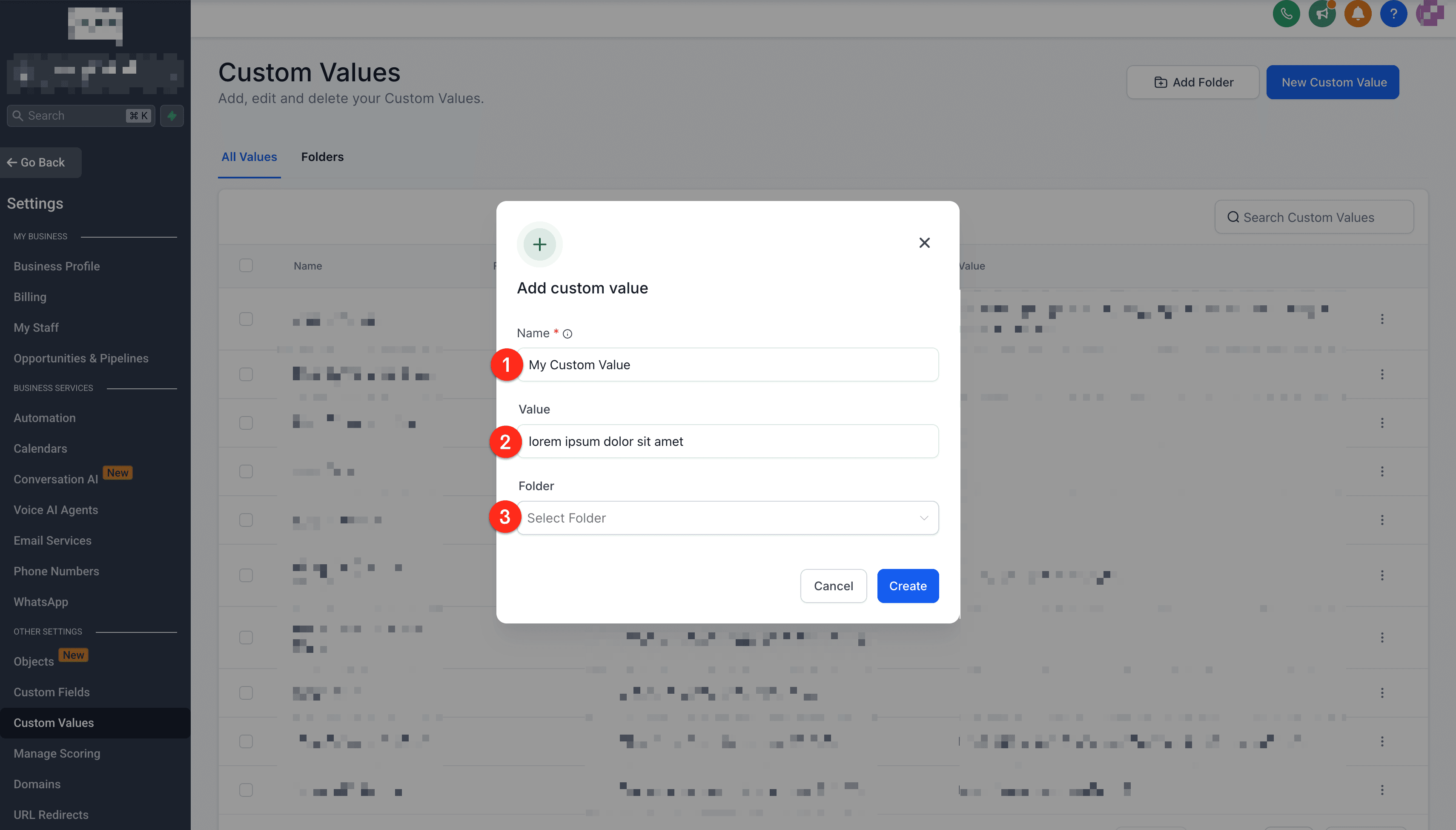 Schermata 4 — Impostazioni Custom Values