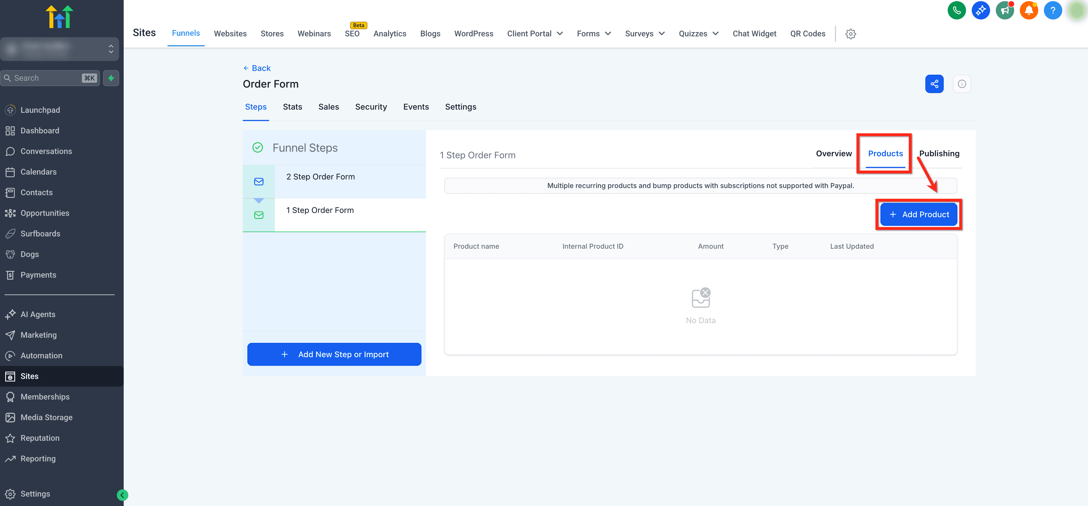 Schermata 2 — Come aggiungere un modulo d'ordine in un unico step a un Funnel