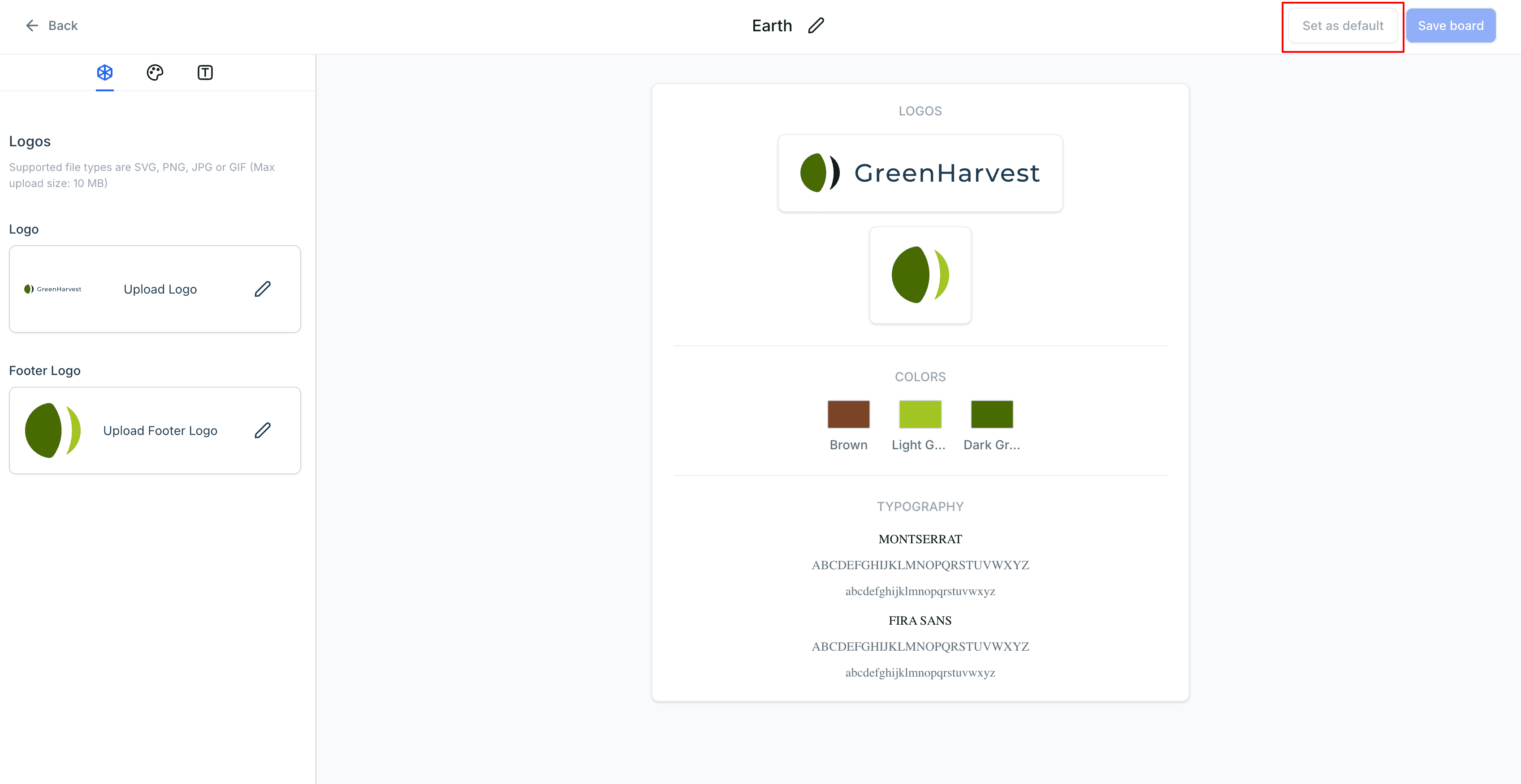 Schermata 4 — Come cambiare il Brand Board predefinito