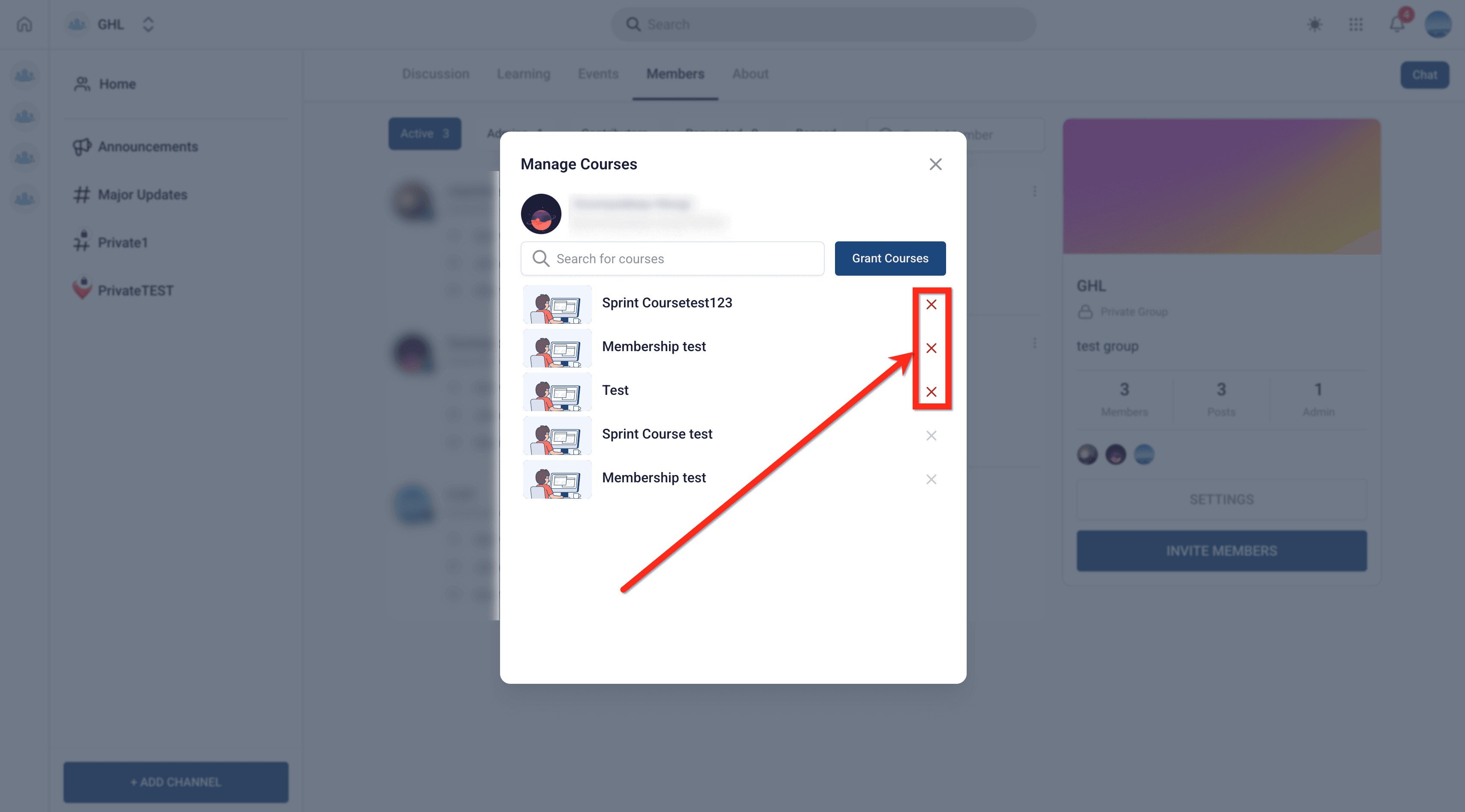 Schermata 11 — Communities - Corso Privato e Accesso ai Corsi per Membro Specifico
