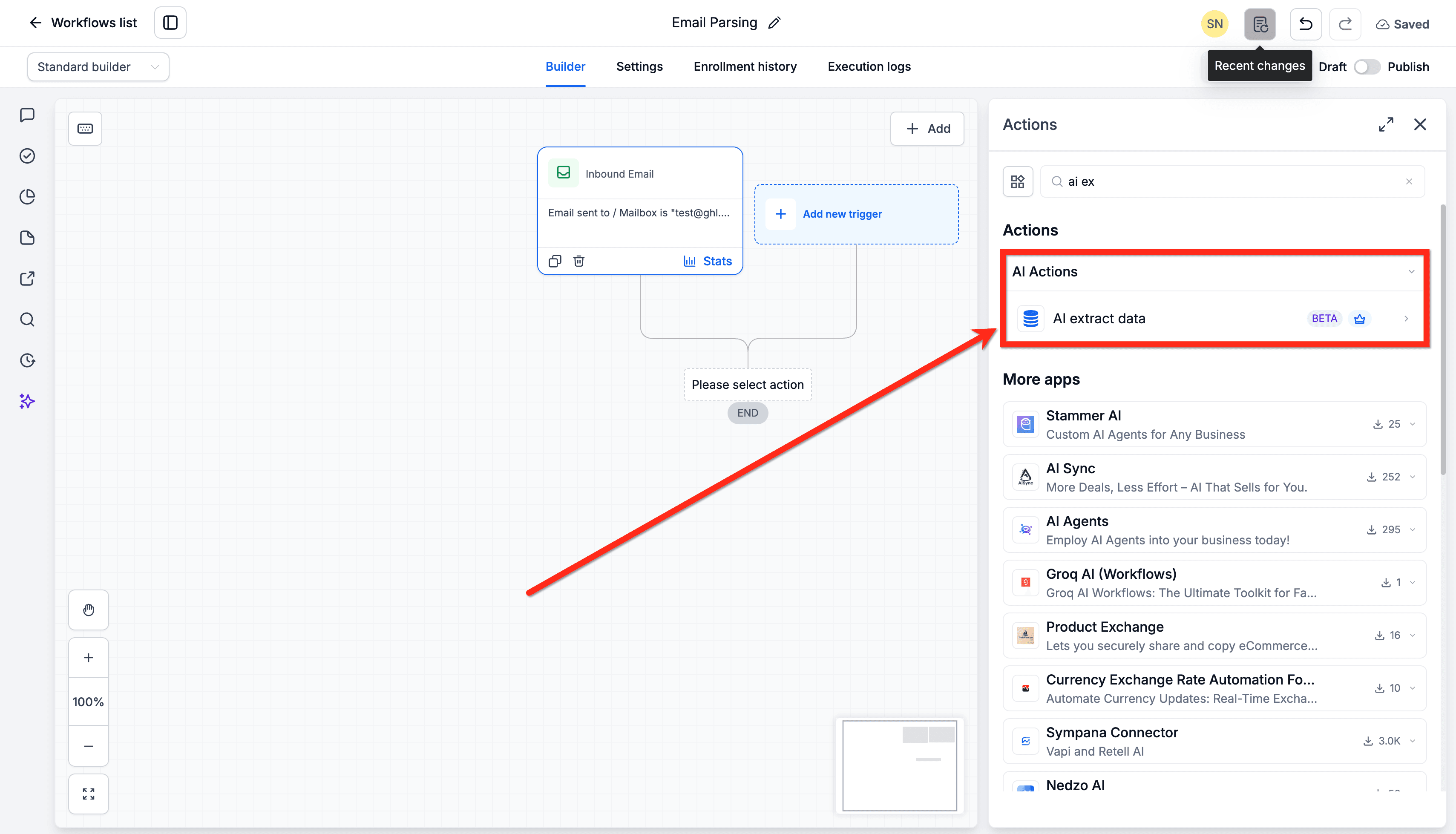Schermata 4 — Come fare il parsing delle email con l'azione AI Extract Data