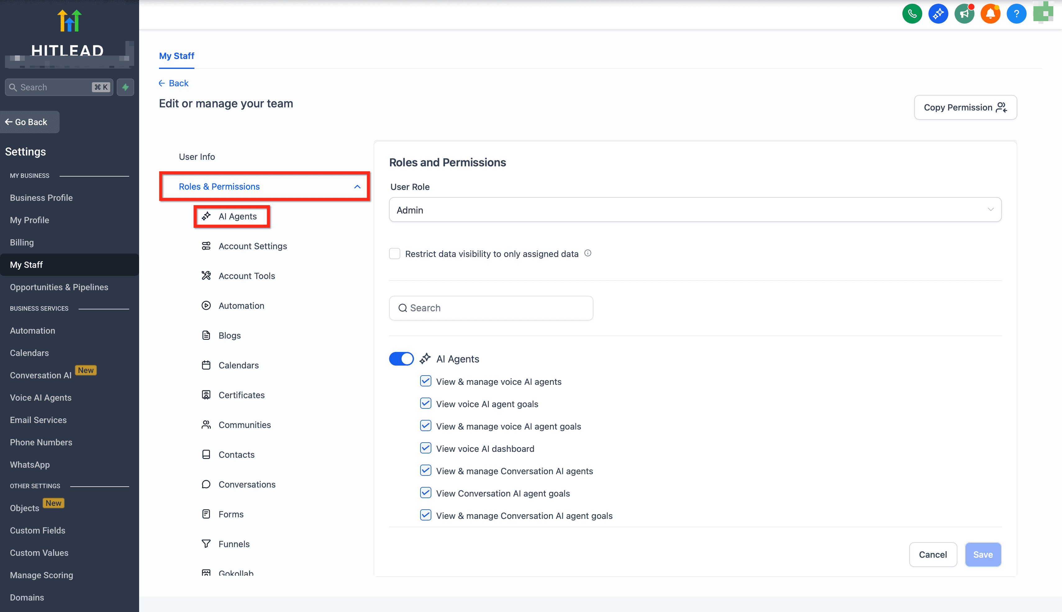 Schermata 2 — Gestione dei Permessi Granulari per gli Agenti di Conversation AI