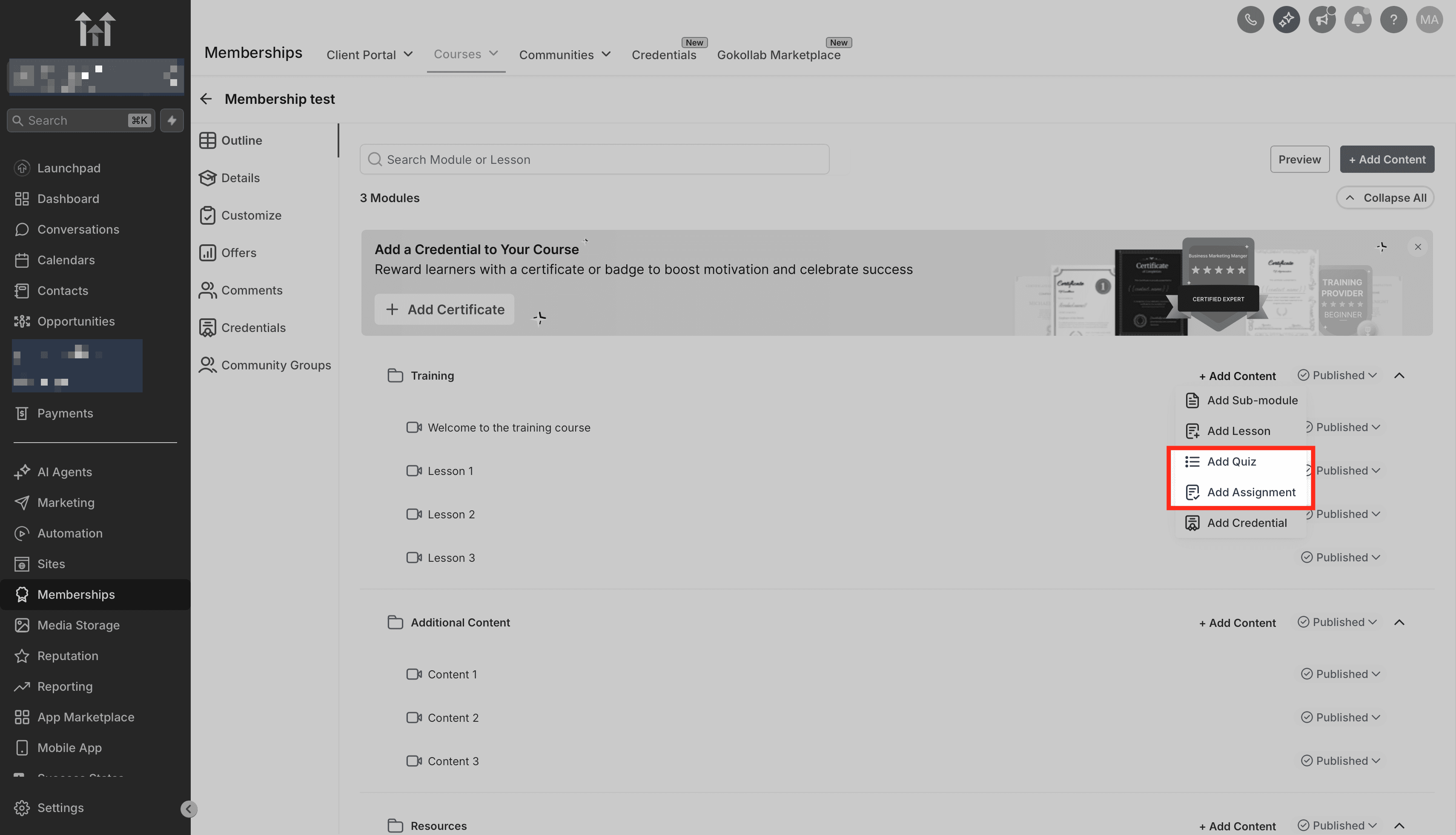 Schermata 4 — Come creare Assessment e Quiz per i corsi Membership
