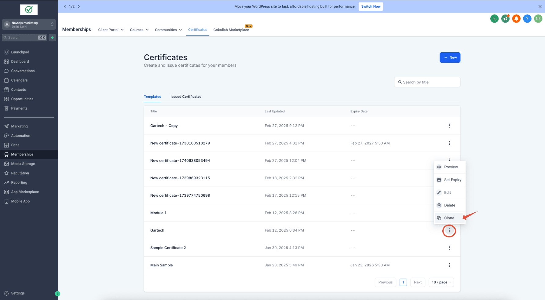 Schermata 1 — Clonare Template di Certificato tra Sedi