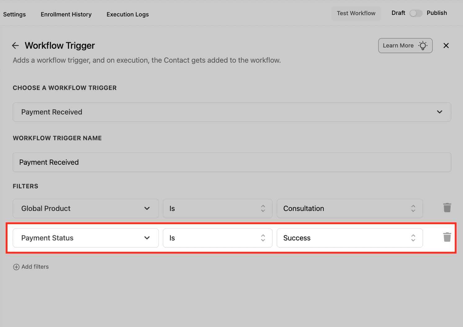 Schermata 7 — Workflow Trigger - Payment Received