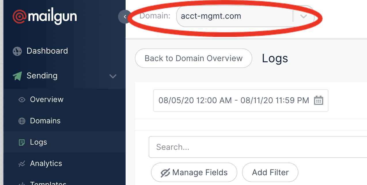 Domain selector in Mailgun logs