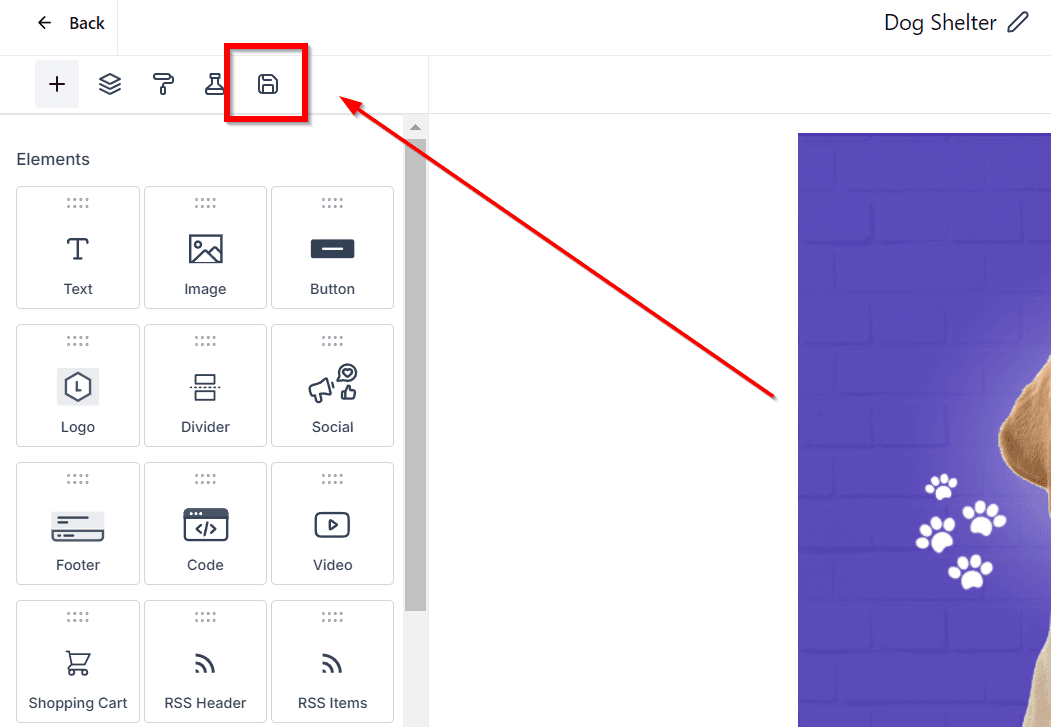 Schermata 3 — Come salvare elementi nell'email builder per un accesso rapido
