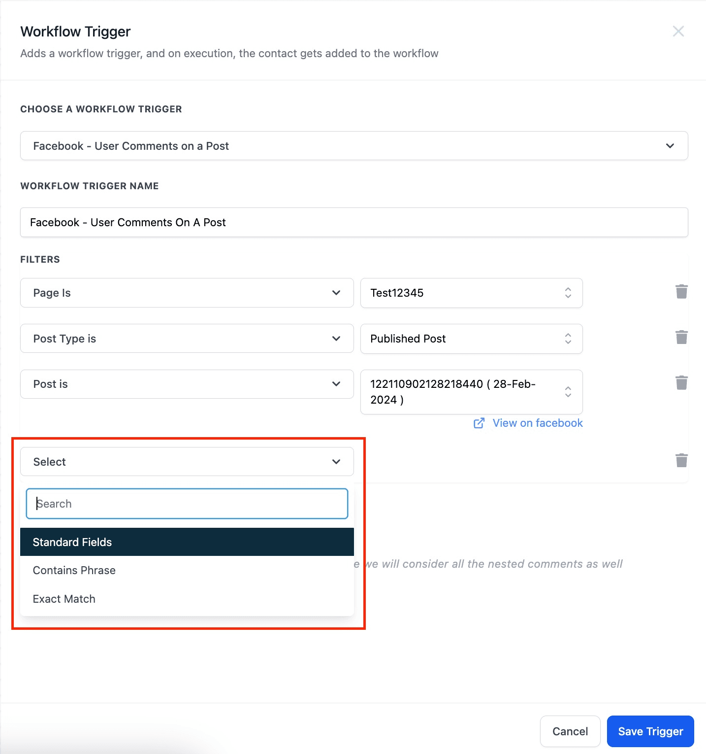 Schermata 9 — Workflow Trigger - Commento/i Facebook su un Post