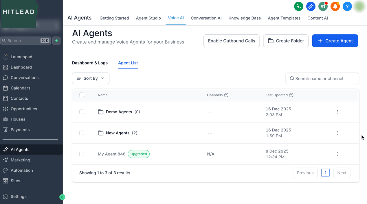 Schermata 4 — Cartelle per gli Agenti Voice AI