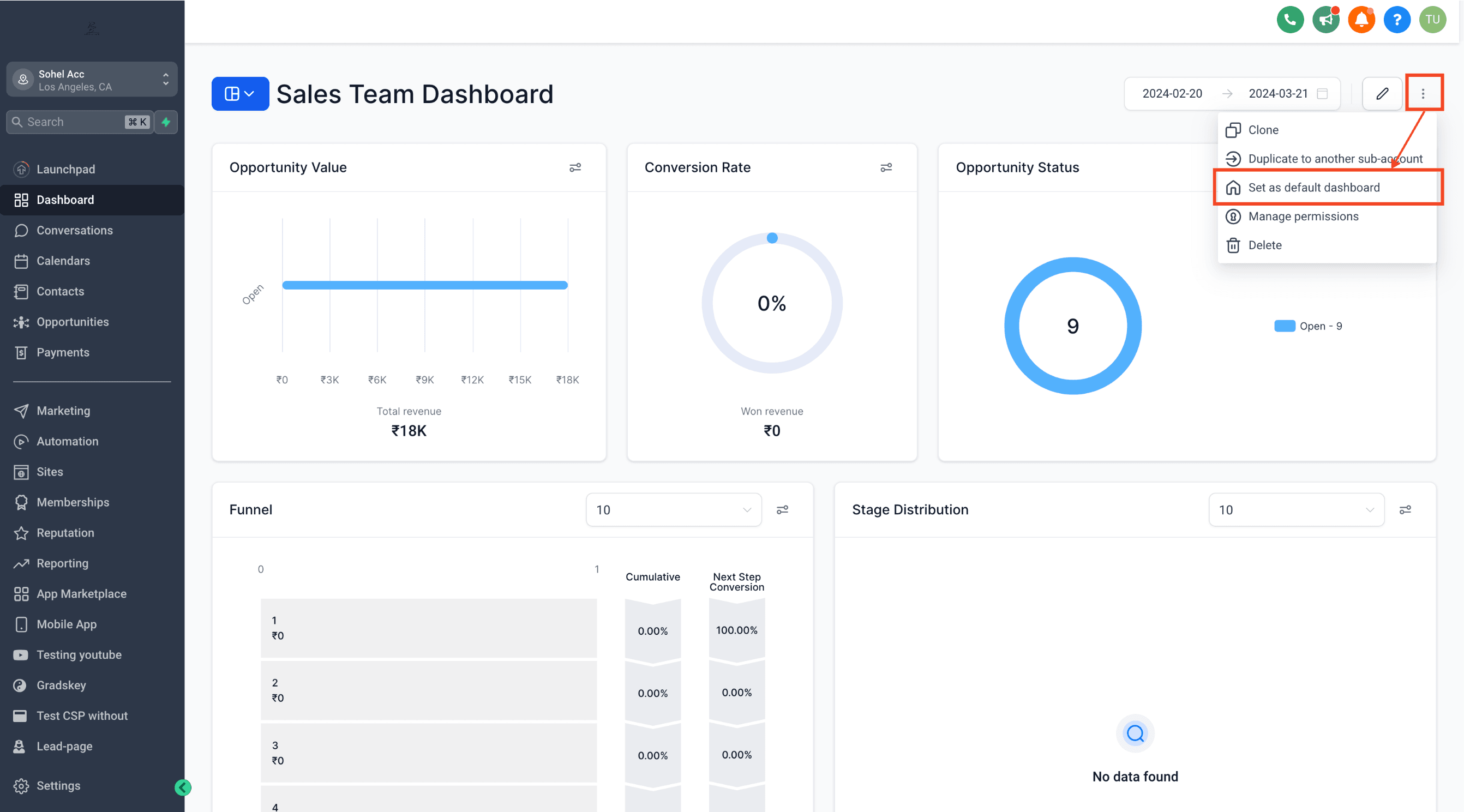Schermata 1 — Come impostare una Dashboard predefinita