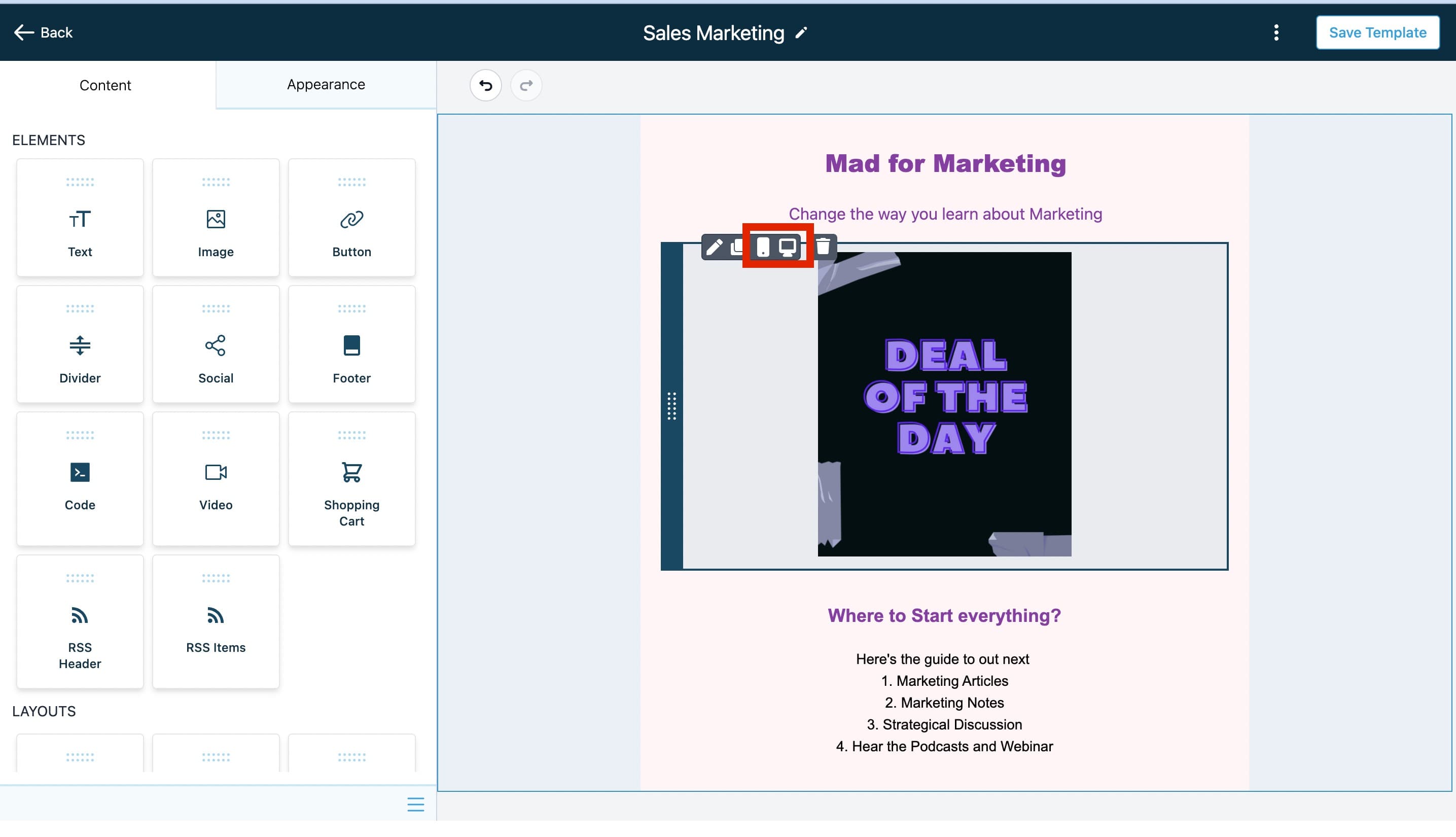 Schermata 1 — Nascondere elementi email nella visualizzazione mobile