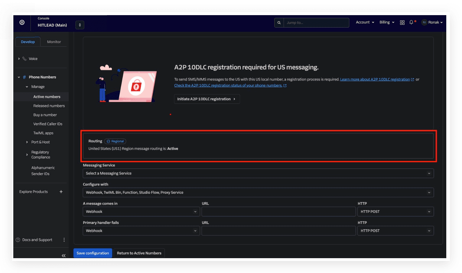 Schermata 5 — Configurare i webhook per ricevere chiamate in entrata, messaggi e aggiornamenti di stato delle chiamate (per utenti Twilio)