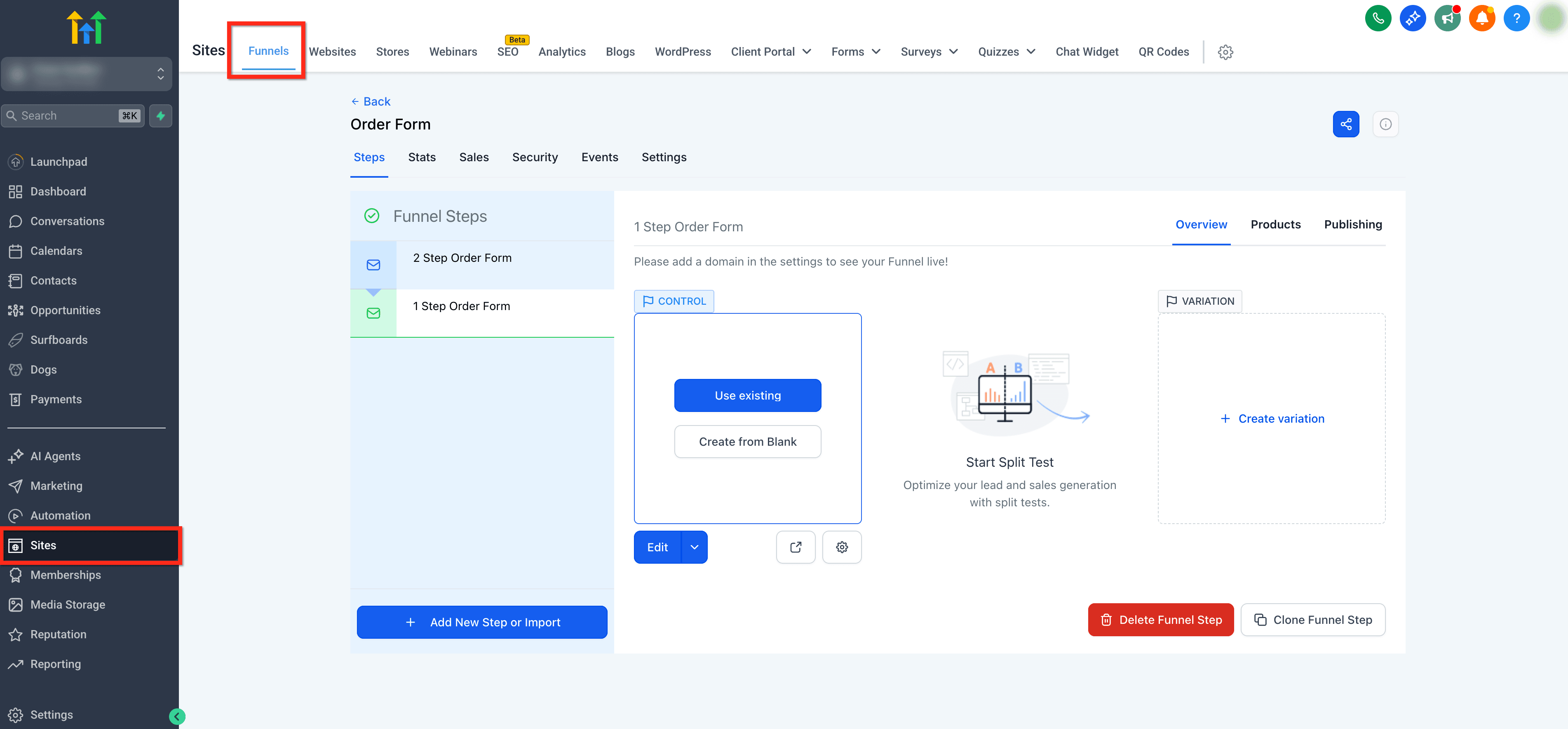 Schermata 1 — Come aggiungere un modulo d'ordine in un unico step a un Funnel