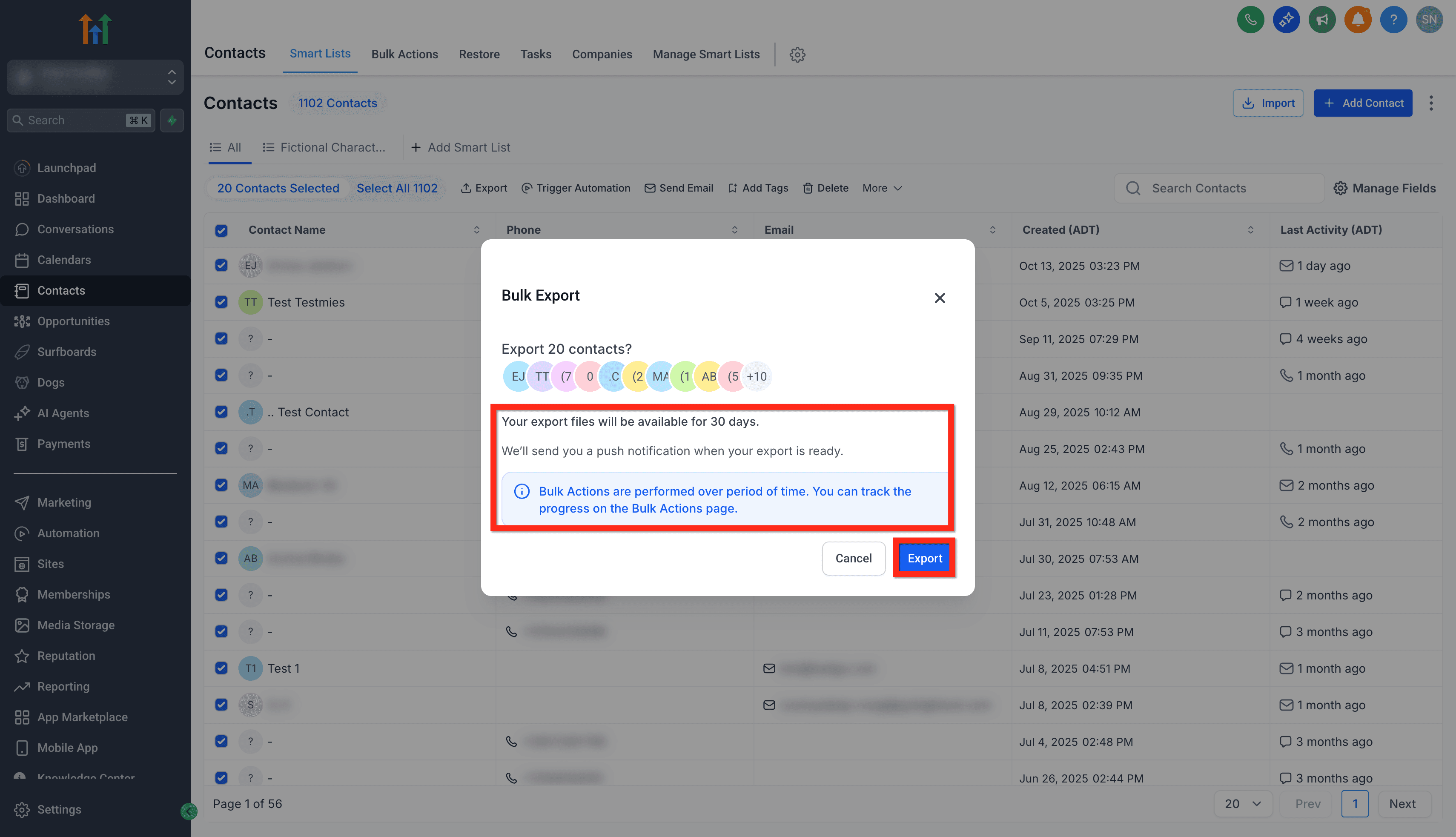 Schermata 7 — Contatti - Aggiornamento Esportazione CSV
