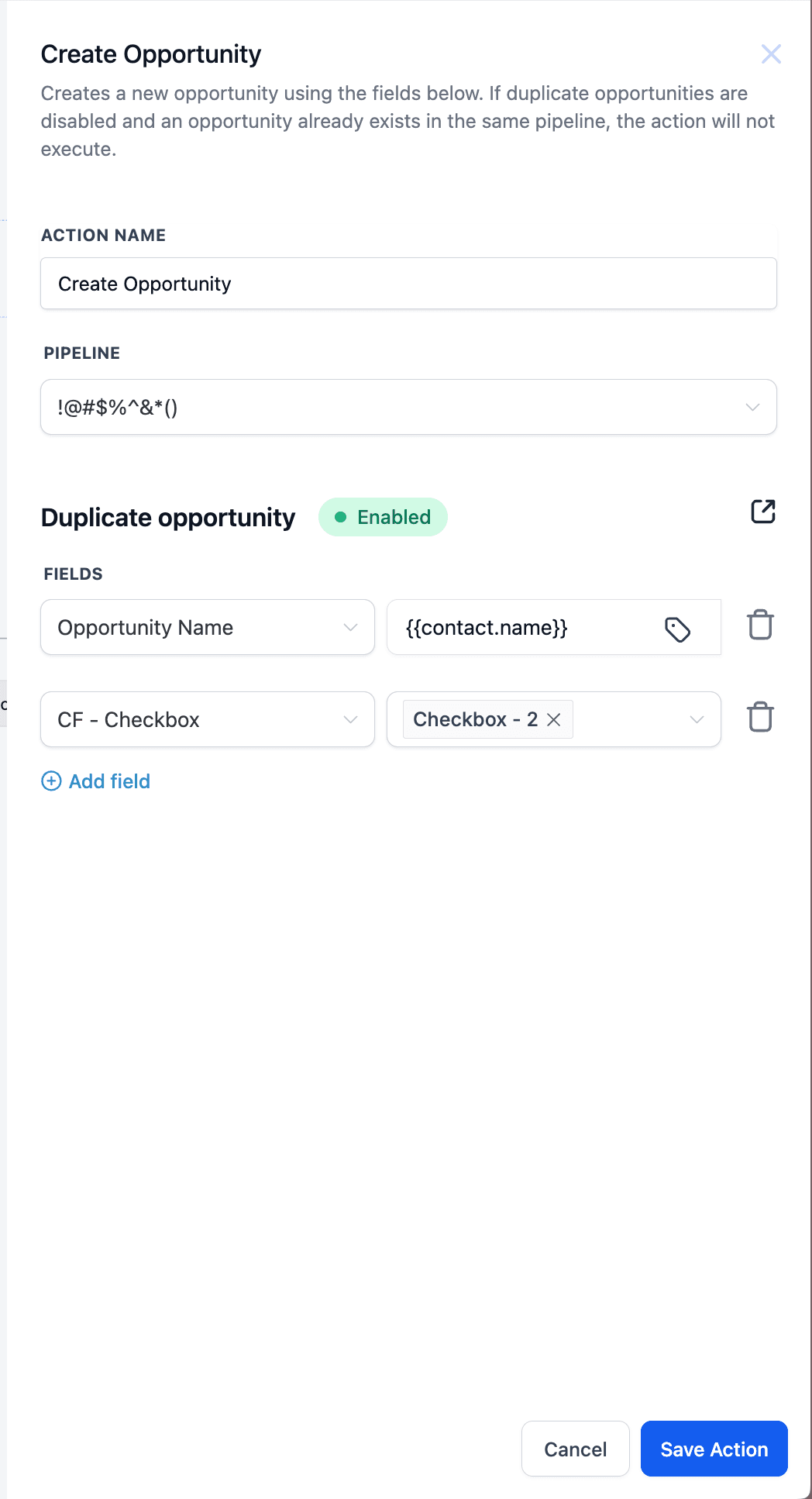 Schermata 1 — Azione Workflow - Crea Opportunità