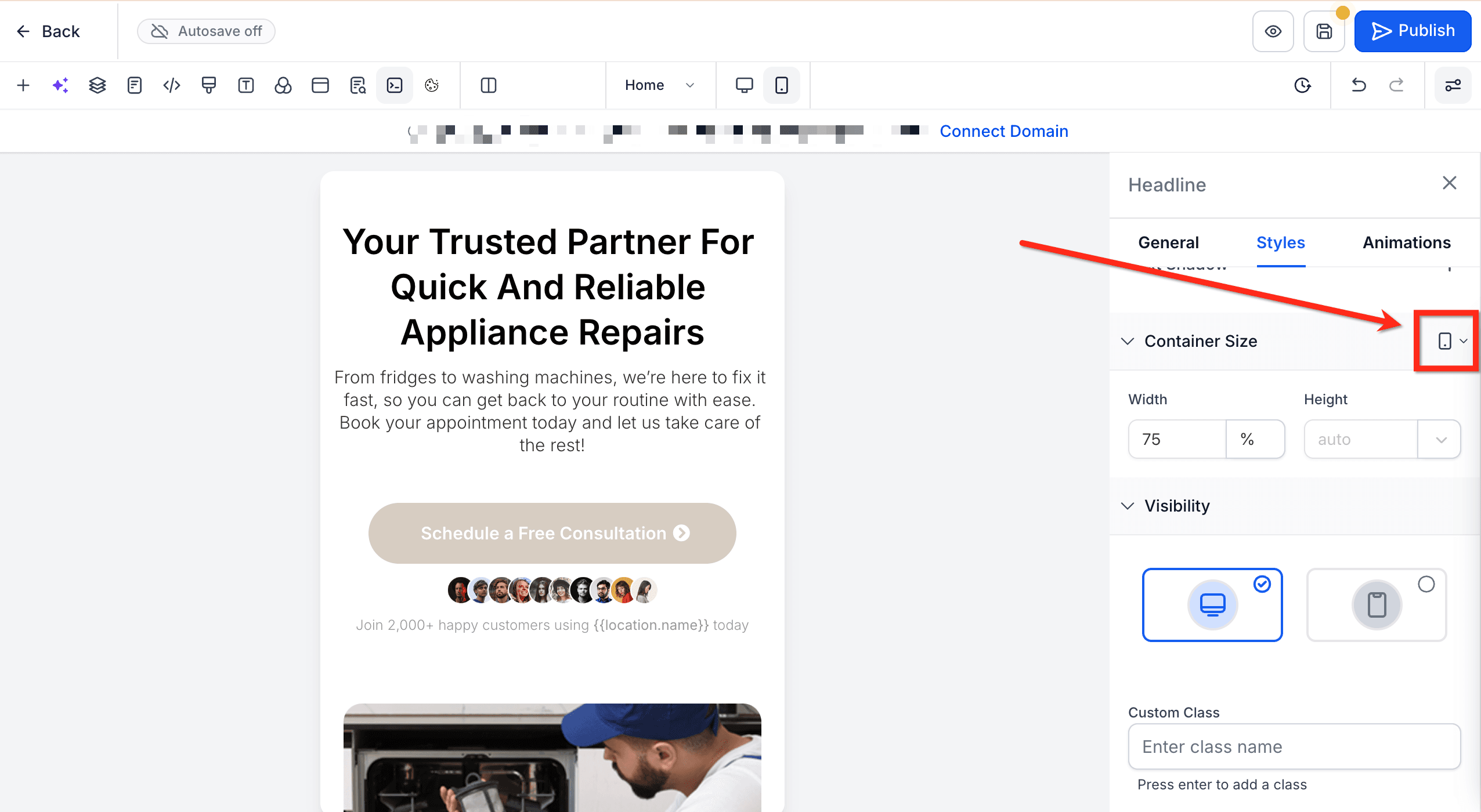 Schermata 5 — Controlli Altezza e Larghezza per gli Elementi del Page Builder